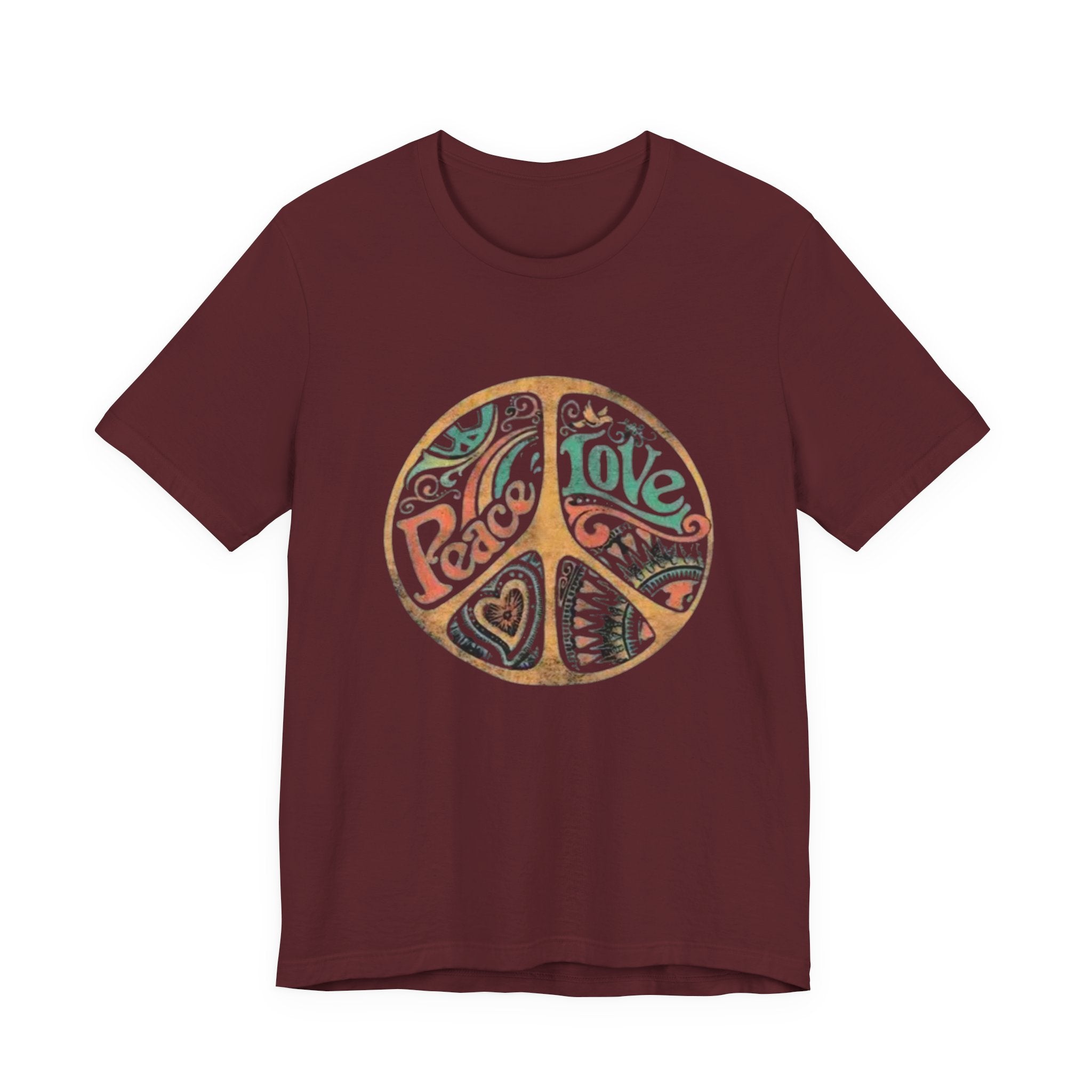 Retro Peace Love Unisex T-Shirt, Boho Graphic Tee, Casual Wear, Festival Shirt, Gift for Friends, Summer Style