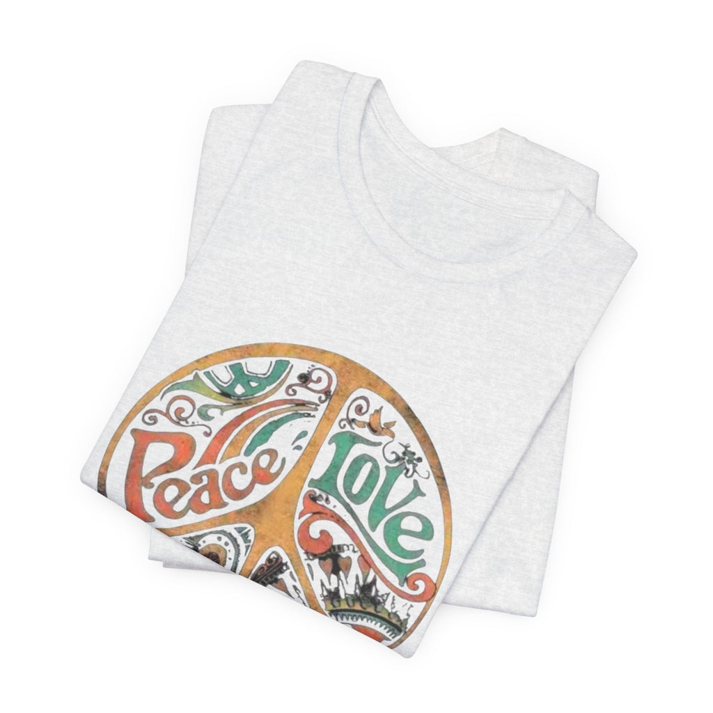 Retro Peace Love Unisex T-Shirt, Boho Graphic Tee, Casual Wear, Festival Shirt, Gift for Friends, Summer Style