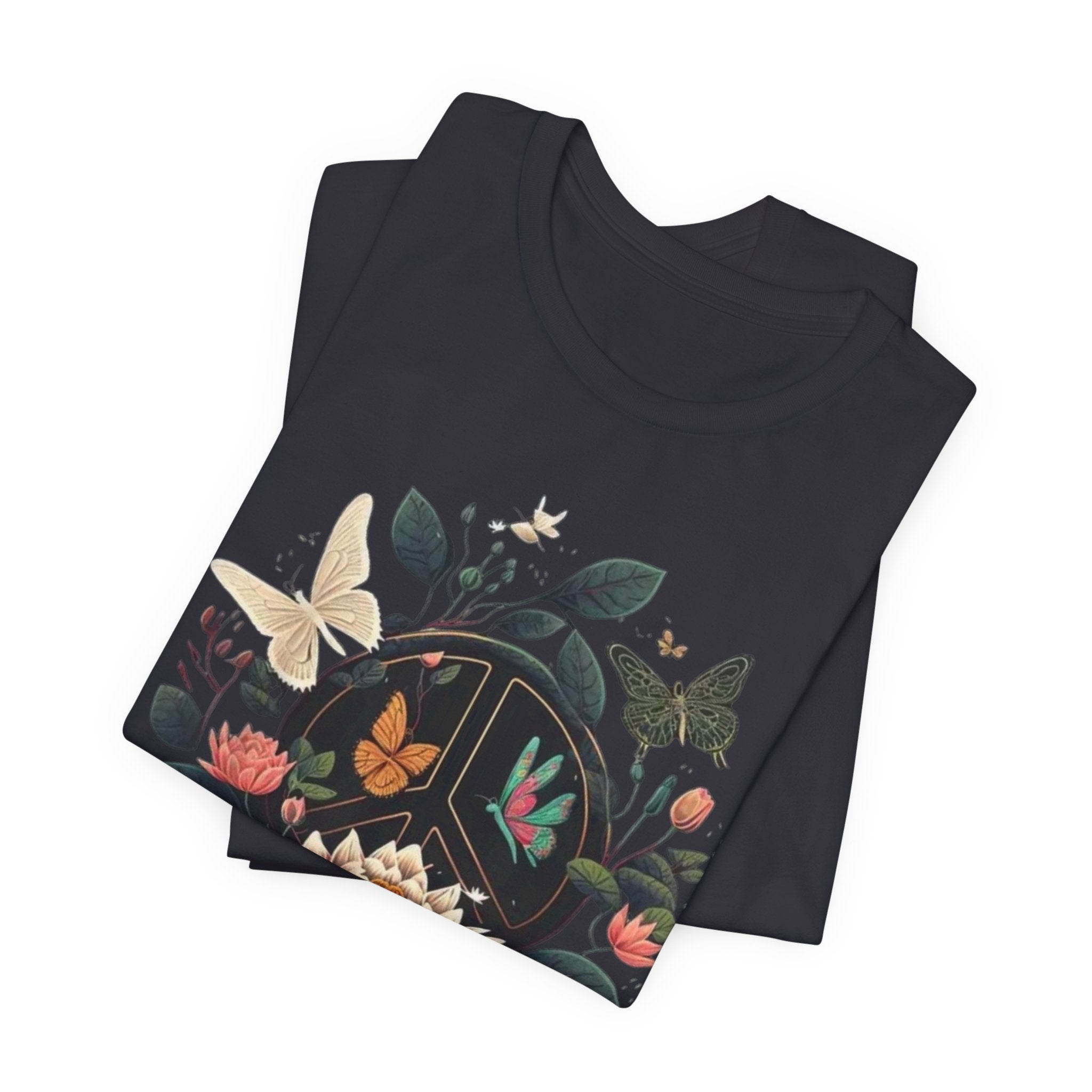 Lotus Bloom and Butterflies Tee | Floral Peace Symbol T-Shirt