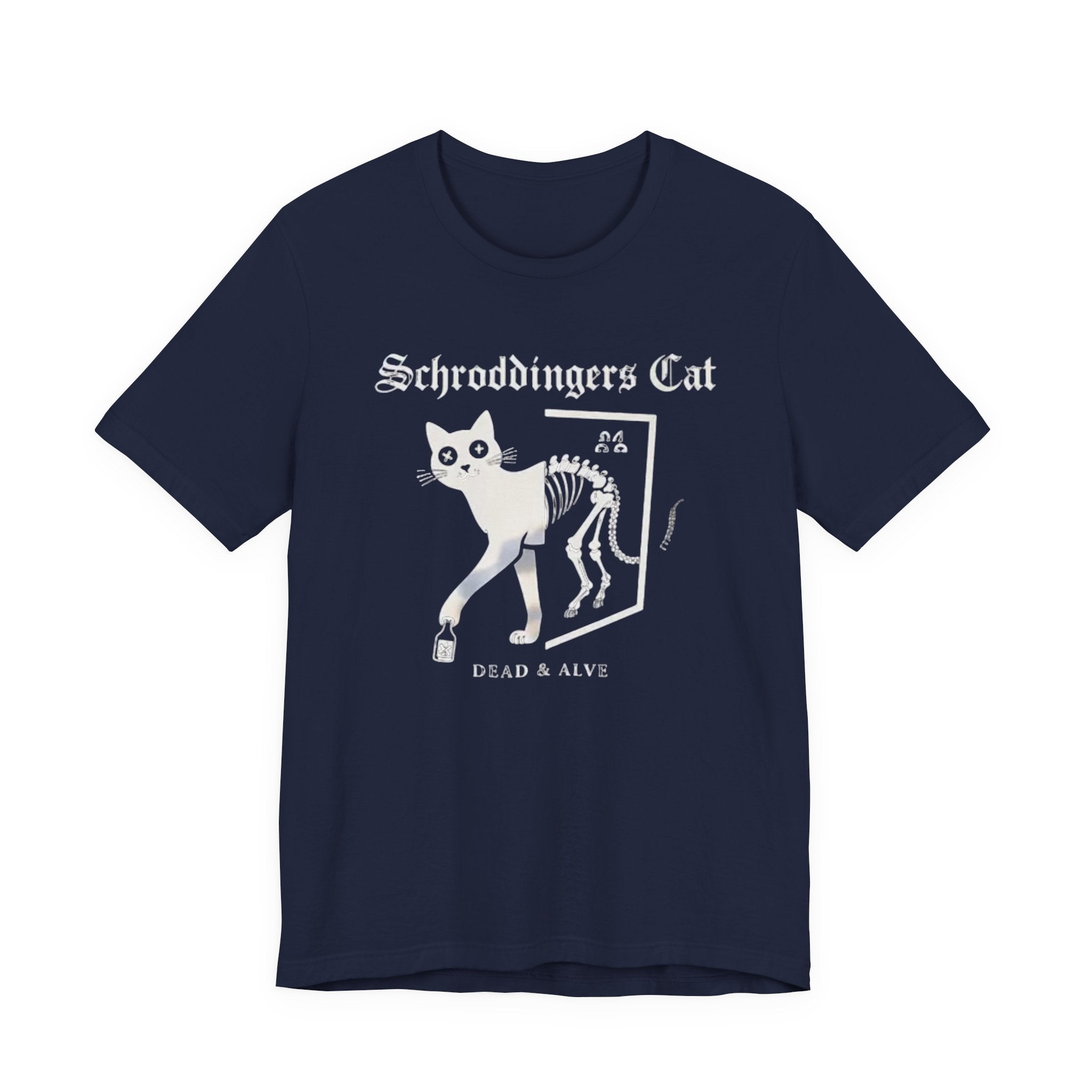 Schrodingers Cat skeleton illustration T-Shirt | Dead & Alive cat science tee