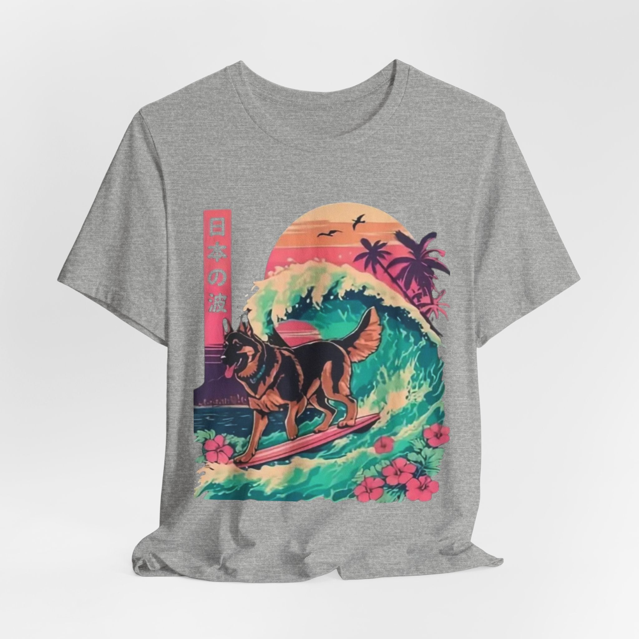 German Shepherd Dog  Surfing T-Shirt — Retro Japanese Wave Graphic Tee