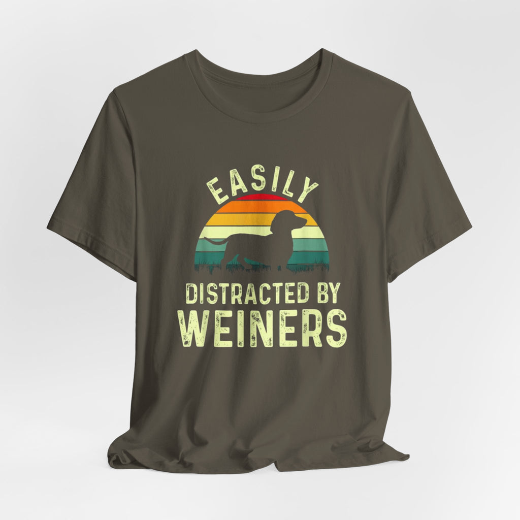 Easily Distracted By Weiners T-Shirt | Dachshund Retro Sunset Tee