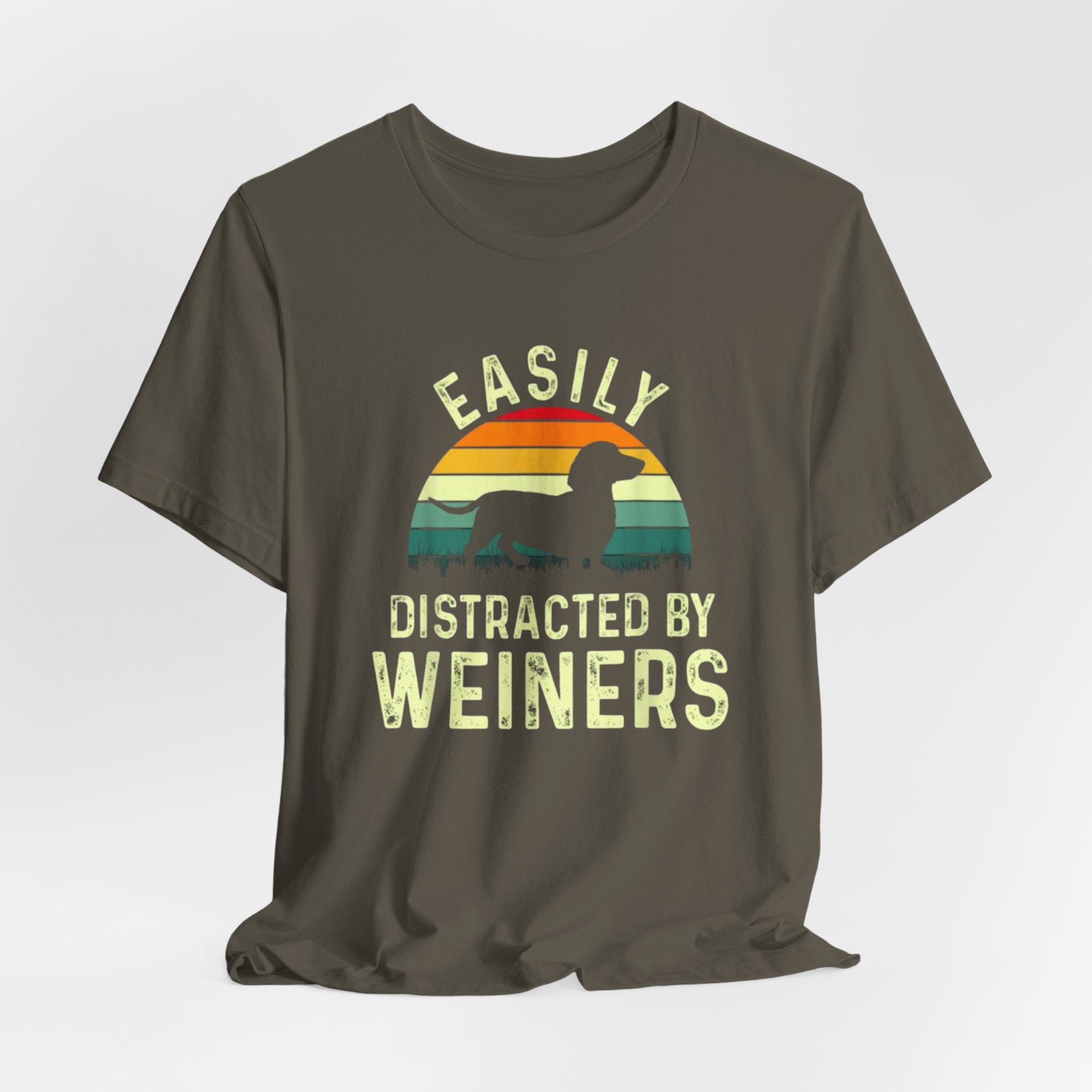 Easily Distracted By Weiners T-Shirt | Dachshund Retro Sunset Tee
