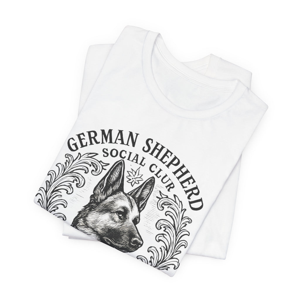 German Shepherd Social Club Tee - Unisex Short Sleeve Shirt for Dog Lovers, Pet Gift, Casual Wear, Canine Enthusiast Apparel