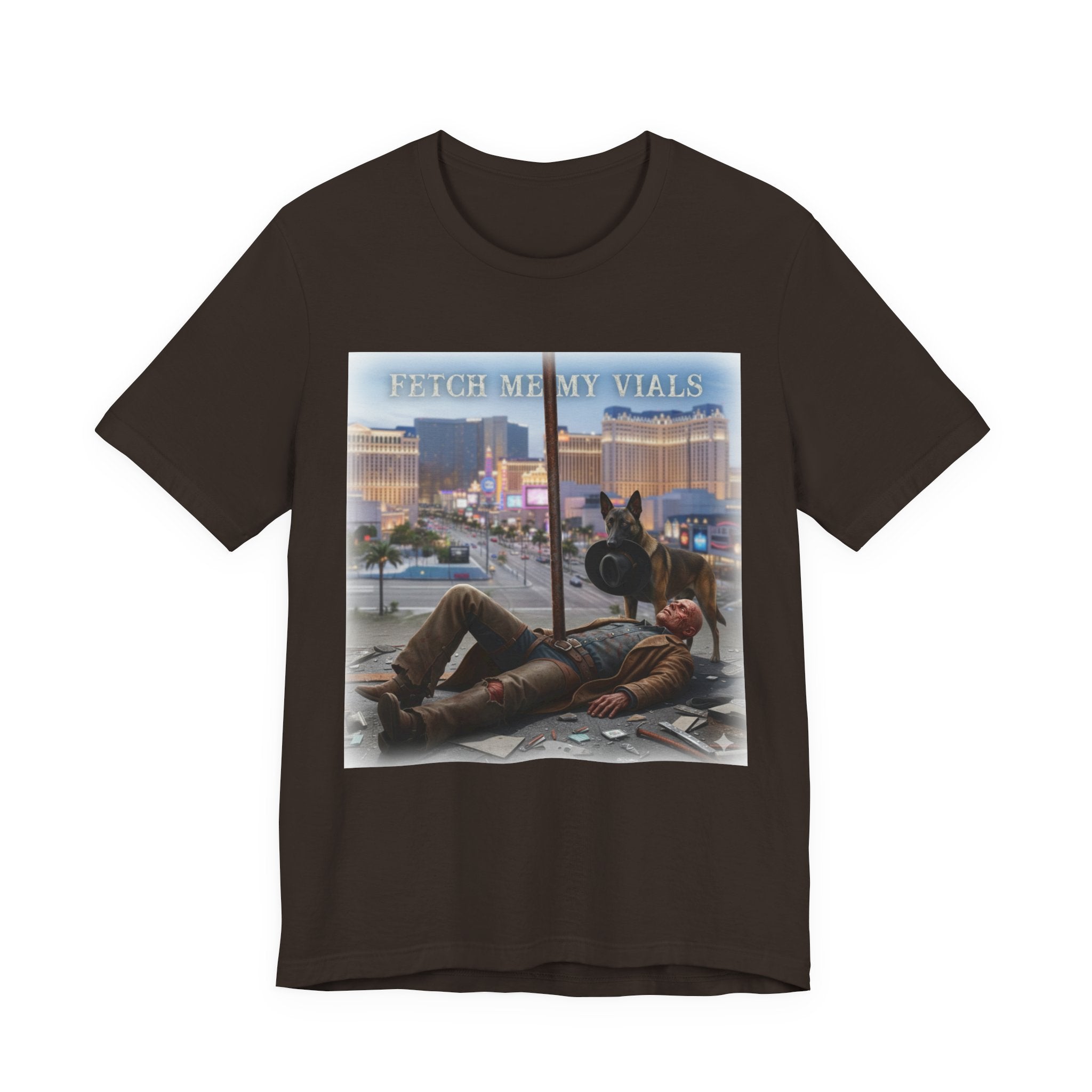 Fetch me my vials, Fallout Tee, Street Scene Graphic Tee — "Fetch Me My Vials" Retro Vegas Art Shirt