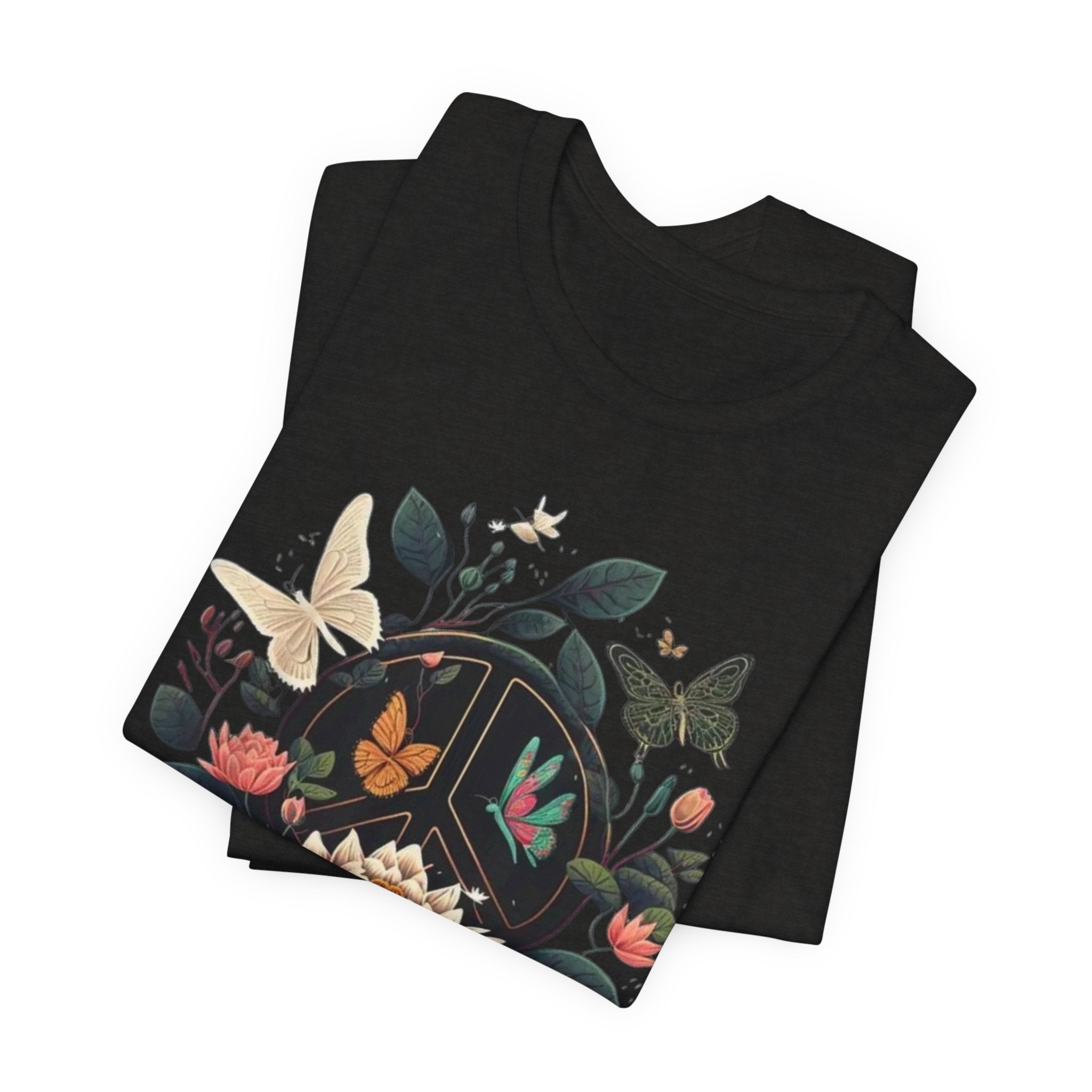 Lotus Bloom and Butterflies Tee | Floral Peace Symbol T-Shirt