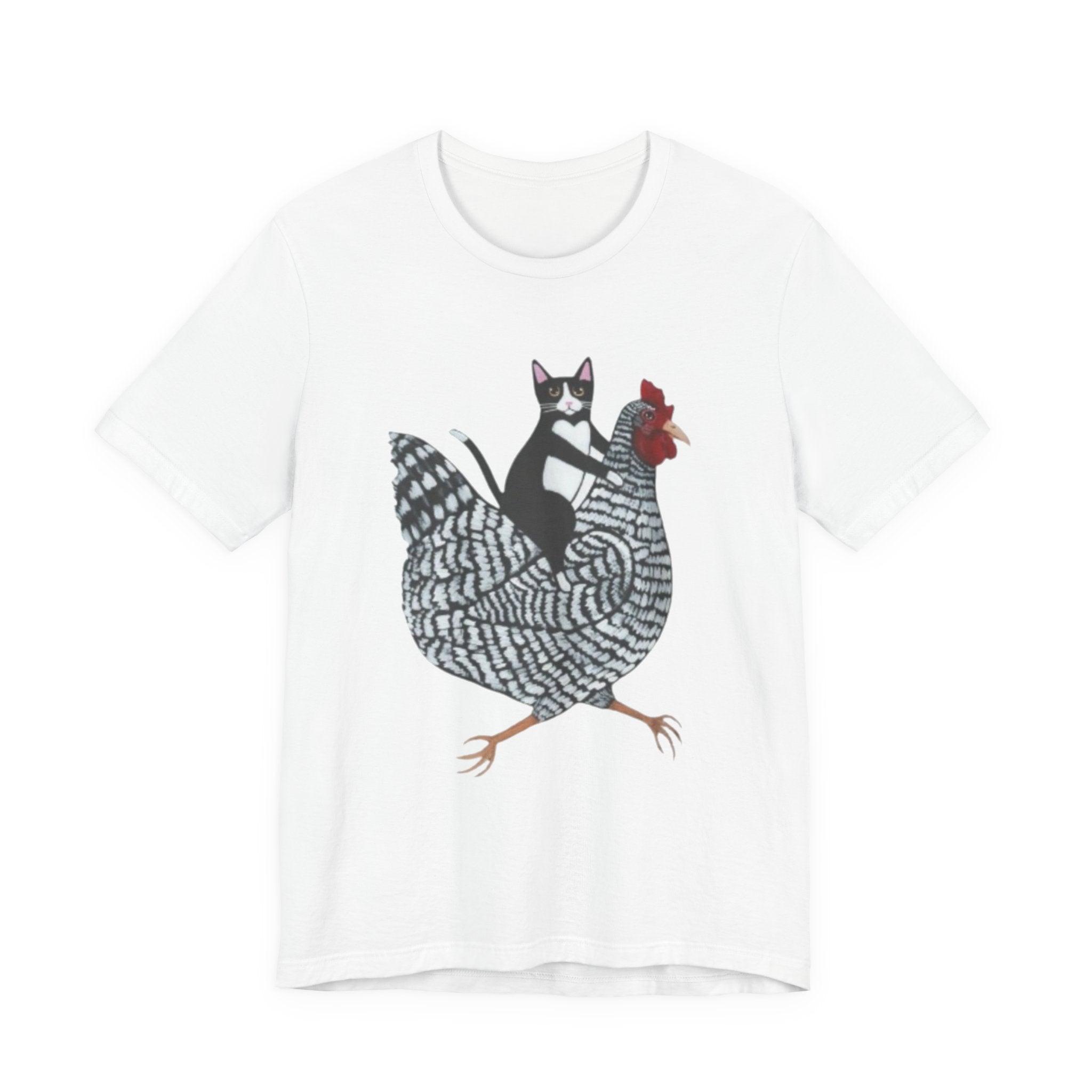 Cat Riding Chicken Graphic Tee — Funny Farm Animal Shirt