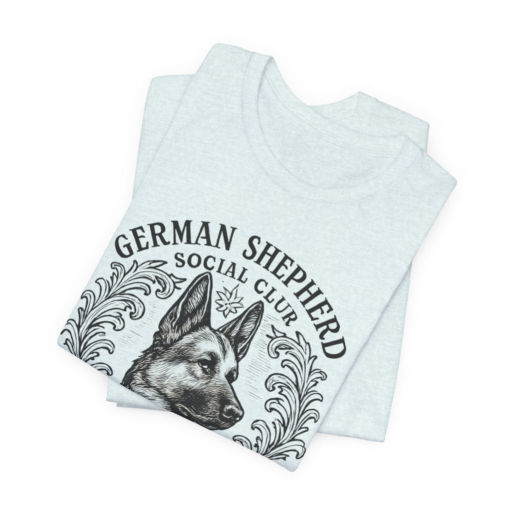German Shepherd Social Club Tee - Unisex Short Sleeve Shirt for Dog Lovers, Pet Gift, Casual Wear, Canine Enthusiast Apparel