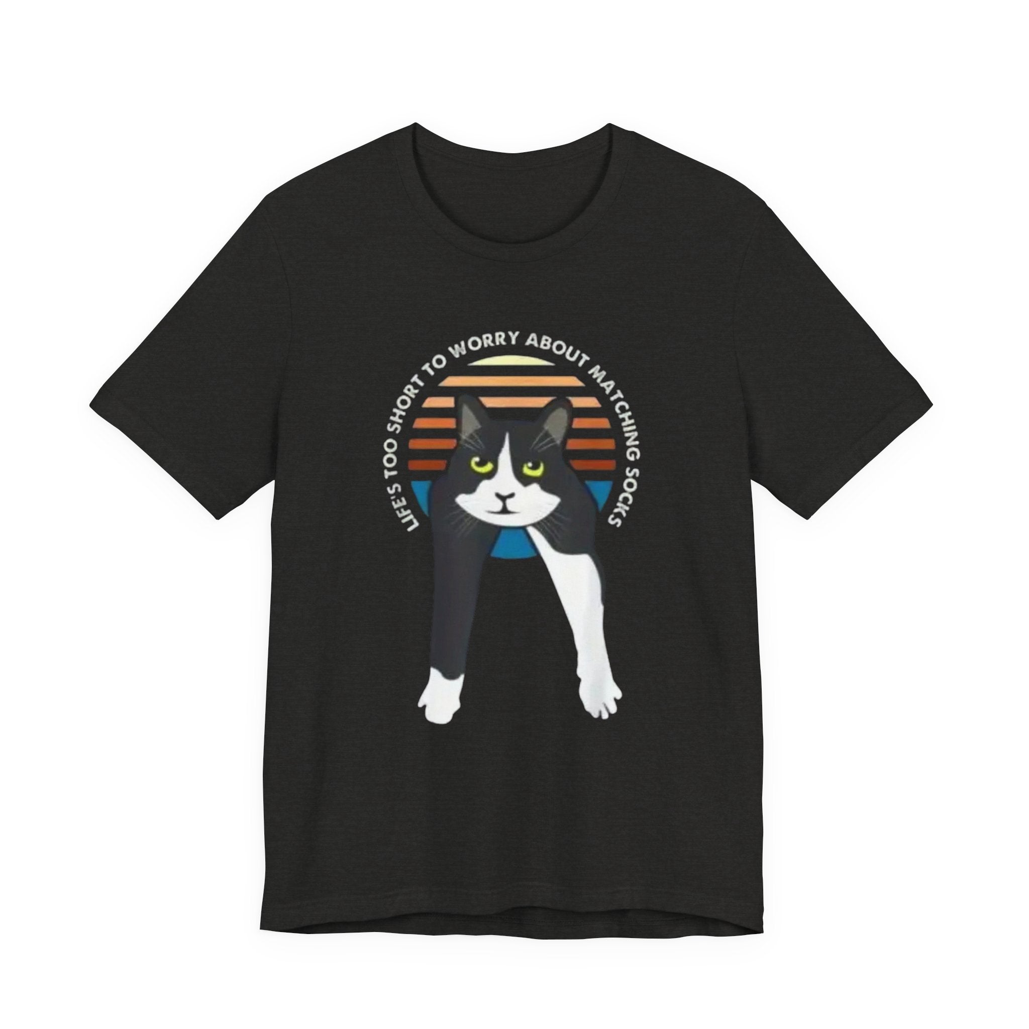 Tuxedo Cat Illustration Tee | Retro Sunset, 'Life's Too Short to Worry About Matching Socks'