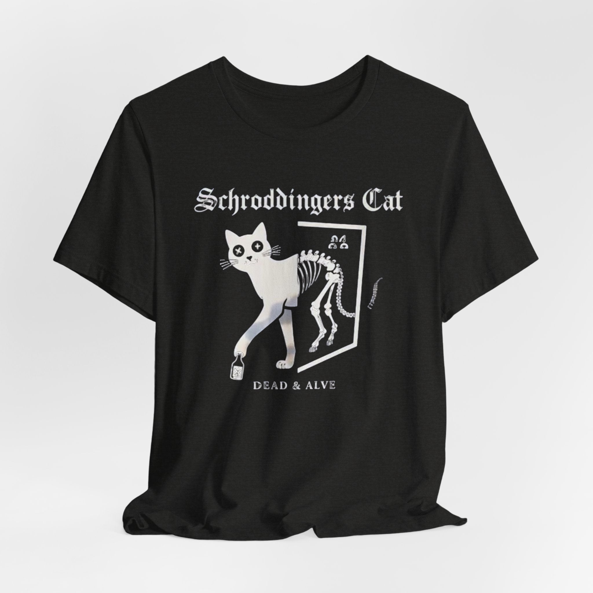 Schrodingers Cat skeleton illustration T-Shirt | Dead & Alive cat science tee