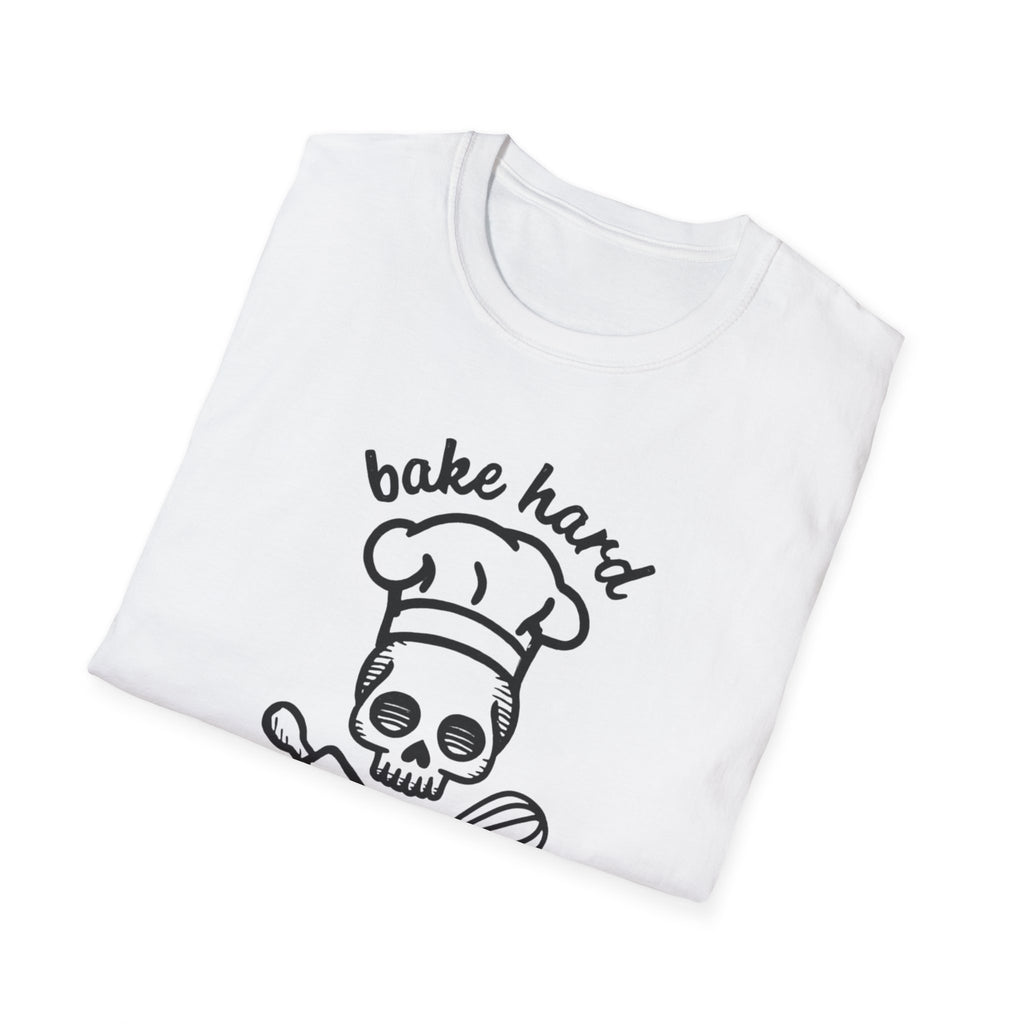 Bake Hard or Go Home T-Shirt | Skull Baker, Rolling Pin & Whisk Design