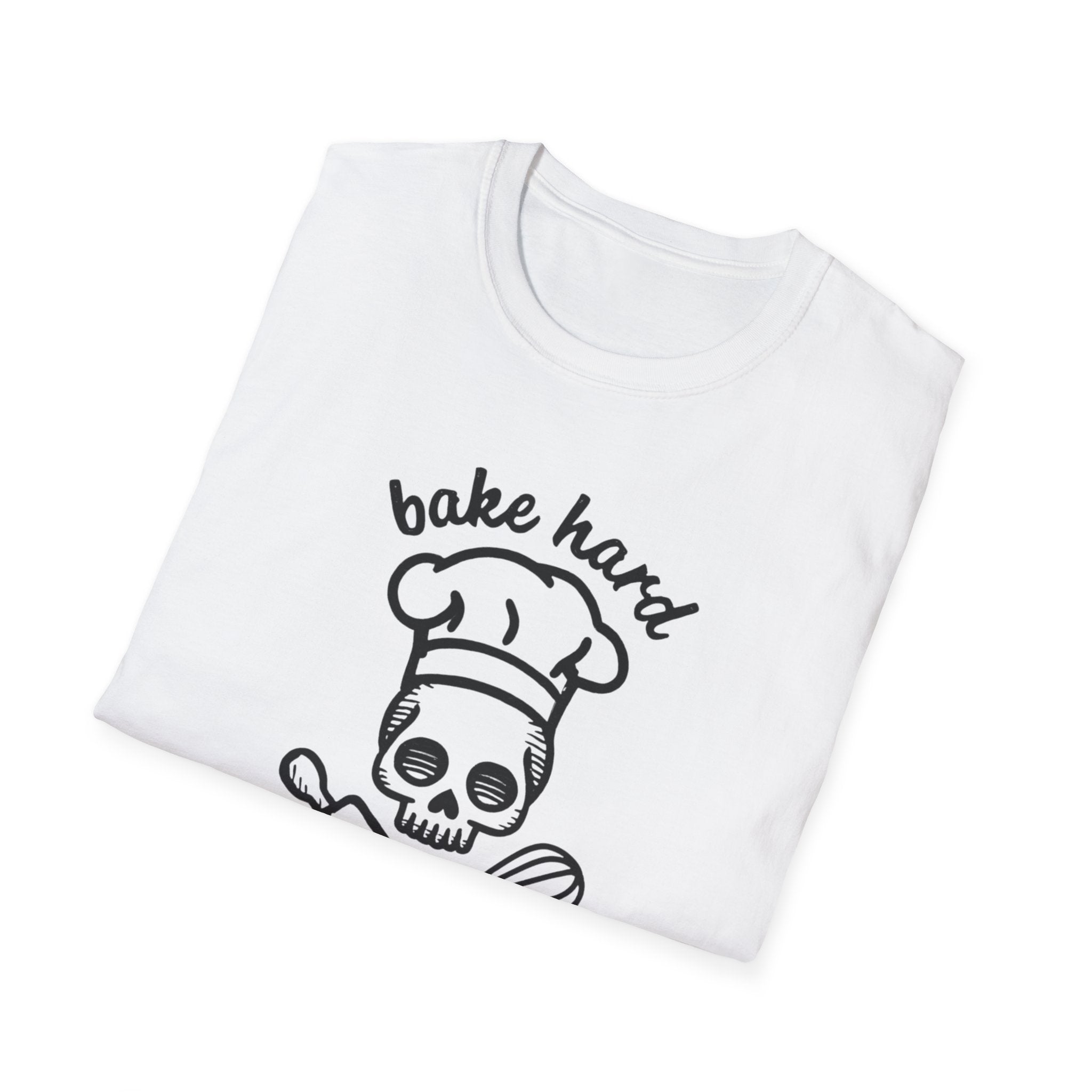 Bake Hard or Go Home T-Shirt | Skull Baker, Rolling Pin & Whisk Design