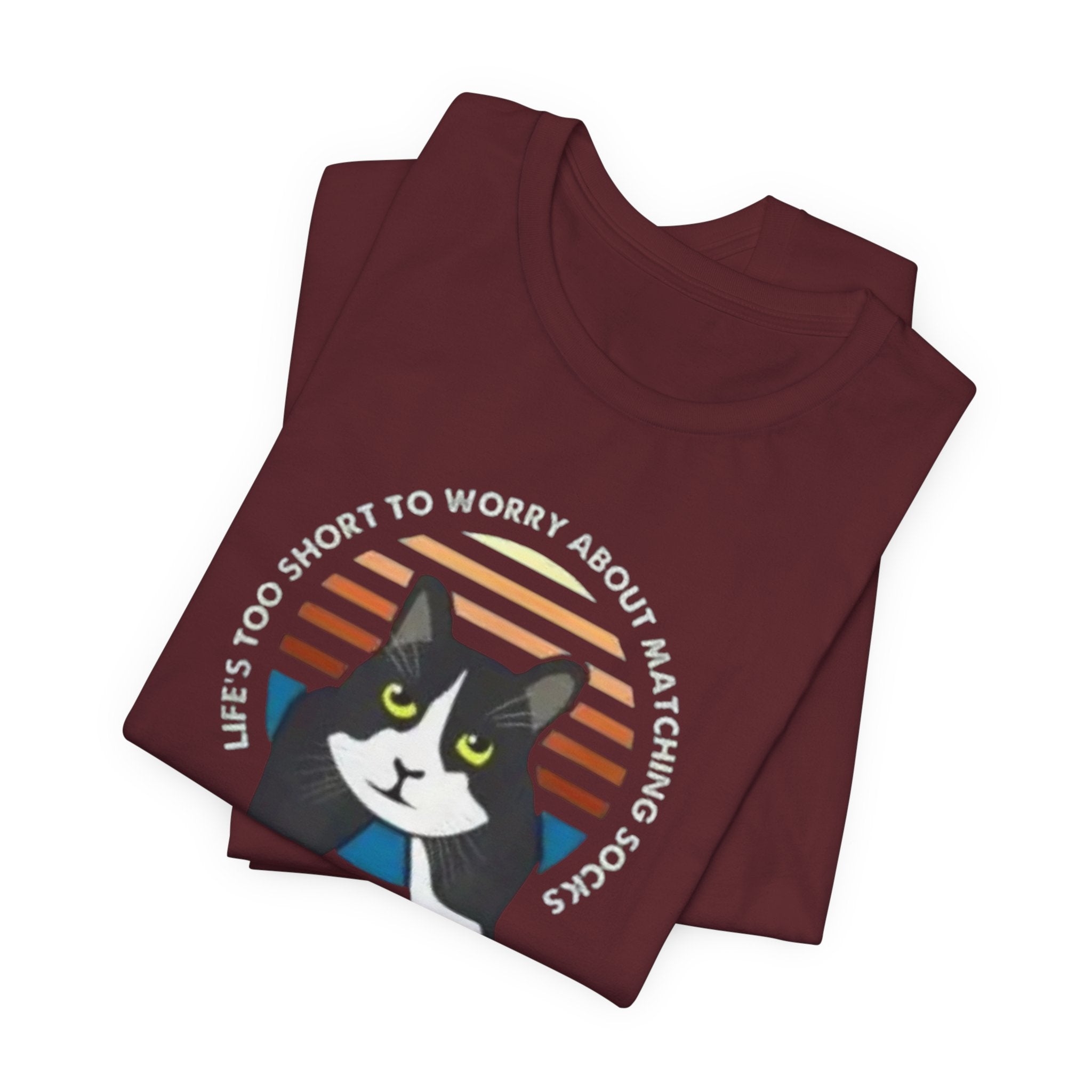 Tuxedo Cat Illustration Tee | Retro Sunset, 'Life's Too Short to Worry About Matching Socks'