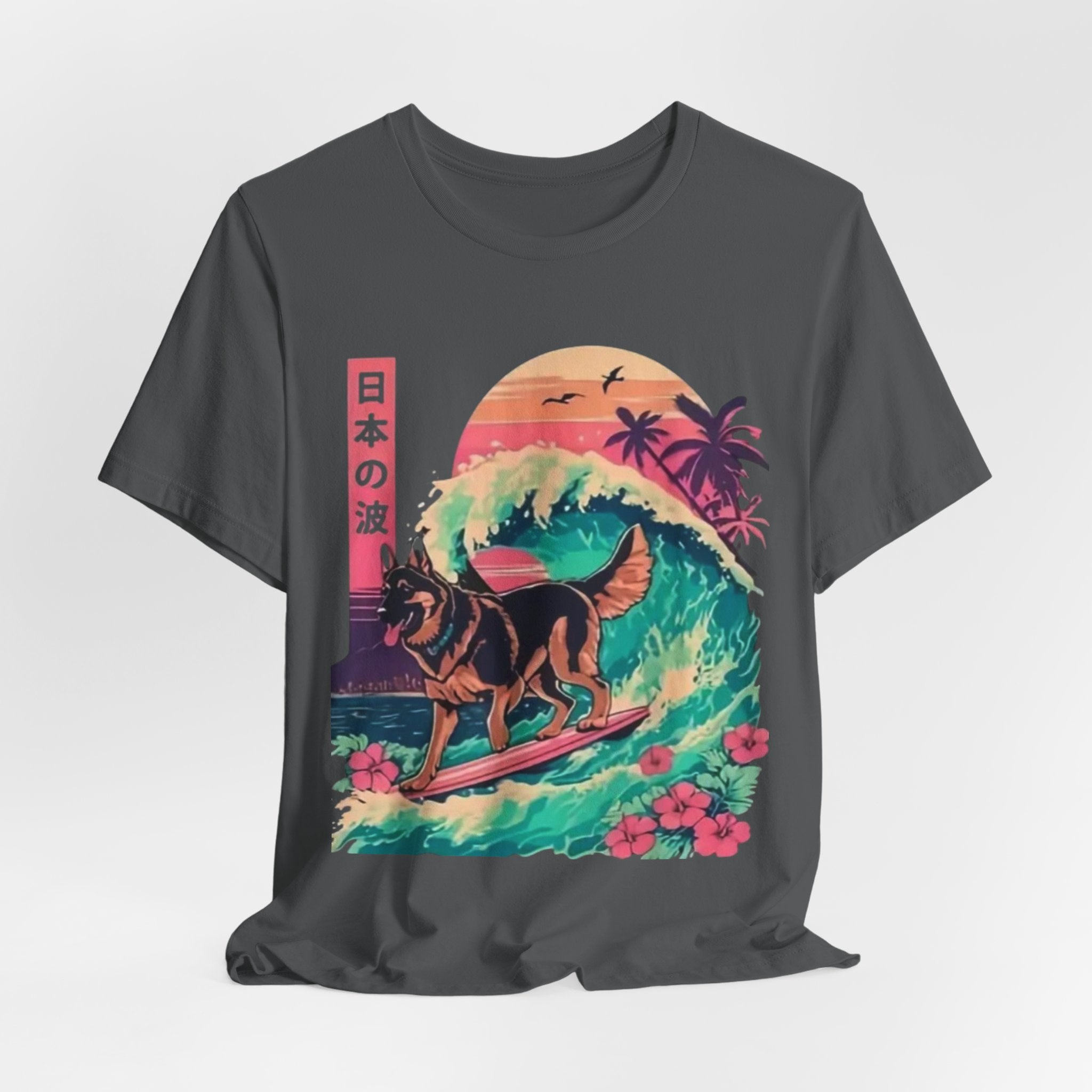 German Shepherd Dog  Surfing T-Shirt — Retro Japanese Wave Graphic Tee