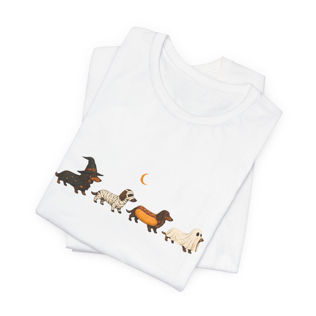 Dachshund Halloween Parade T‑Shirt — Witch, Crescent Moon & Cute Sausage Dog Lineup