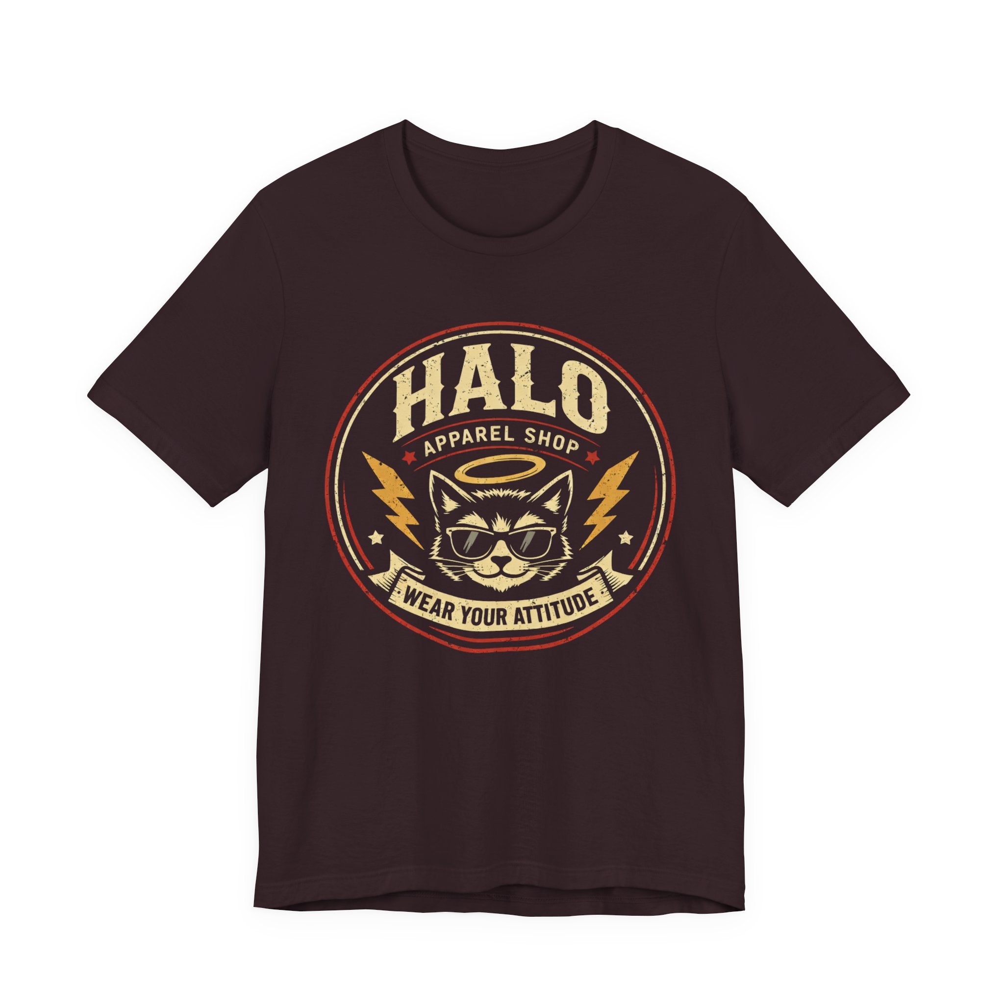Halo Cat Graphic Tee — "Wear Your Attitude" Vintage Rock T-Shirt