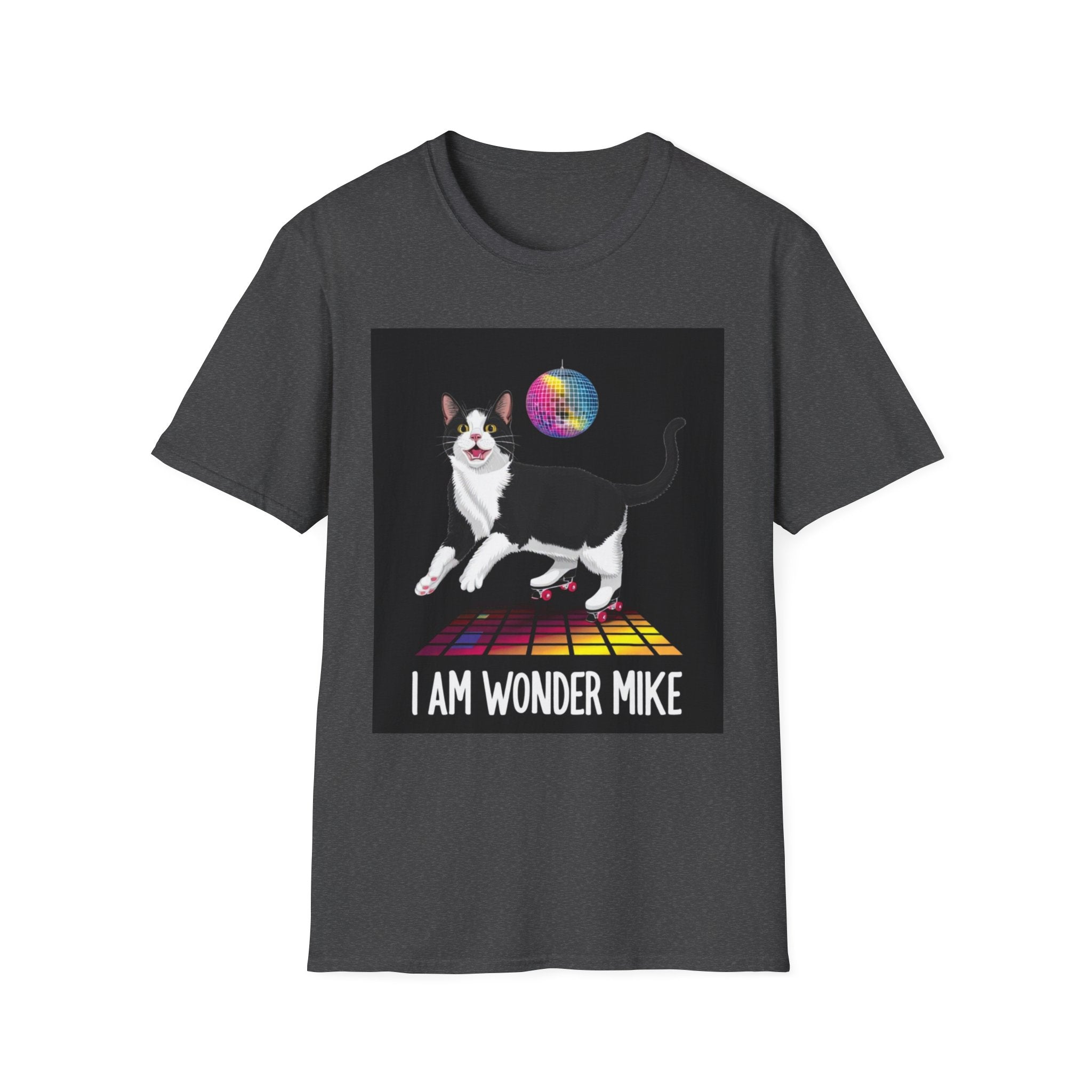 Skater Cat tee,I Am Wonder Mike Cat T-Shirt | Disco Dance Floor, Retro Rainbow Moon