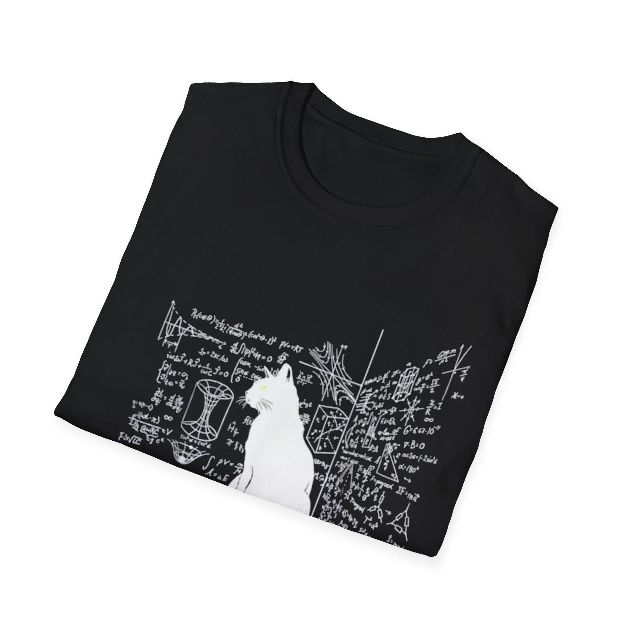 Schrodingers cat tee, escape plan, Cat silhouette with handwritten notes T-Shirt | Science doodle tee
