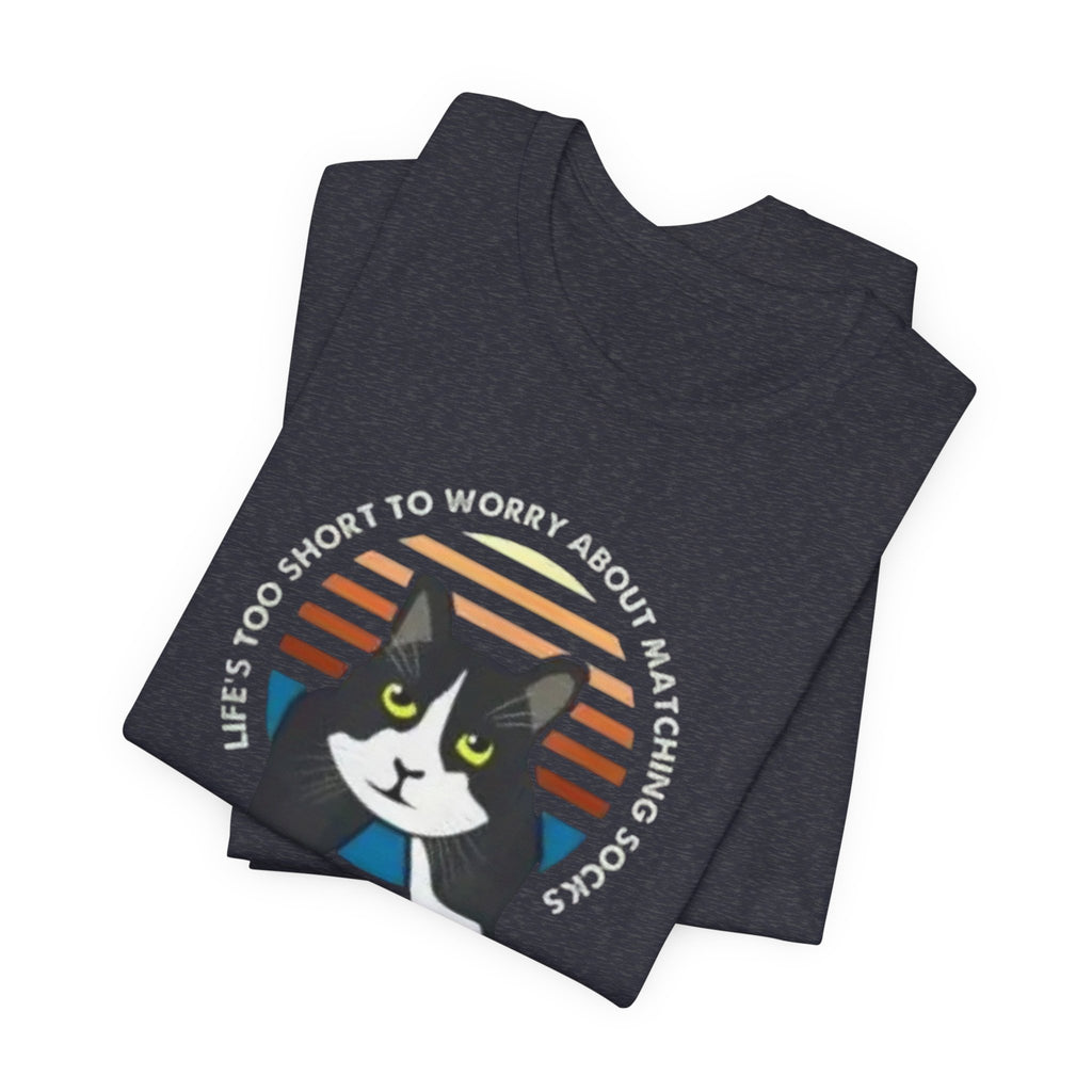 Tuxedo Cat Illustration Tee | Retro Sunset, 'Life's Too Short to Worry About Matching Socks'