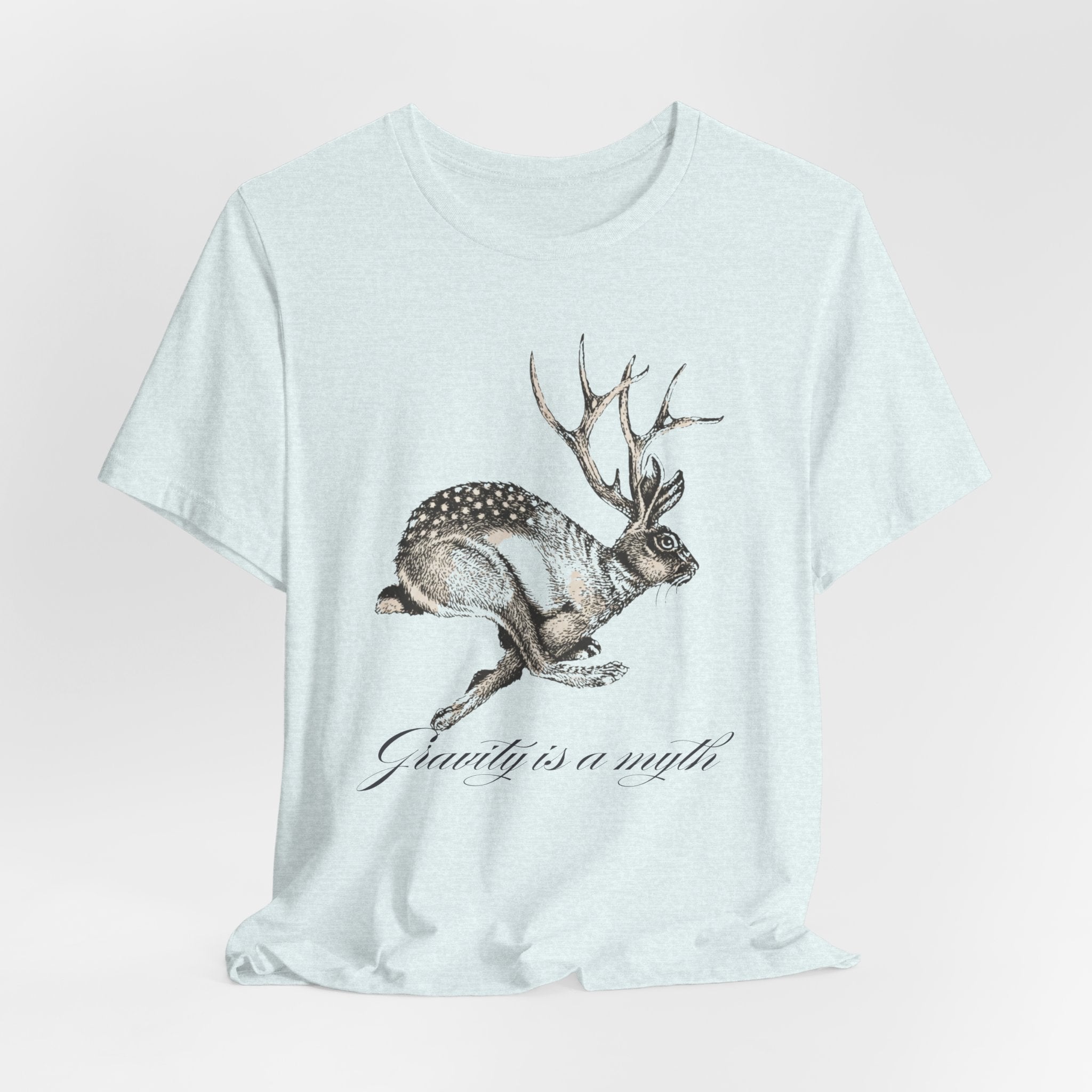 Gravity is a myth tee| hand -Drawn Jackalope Art, Script Motto