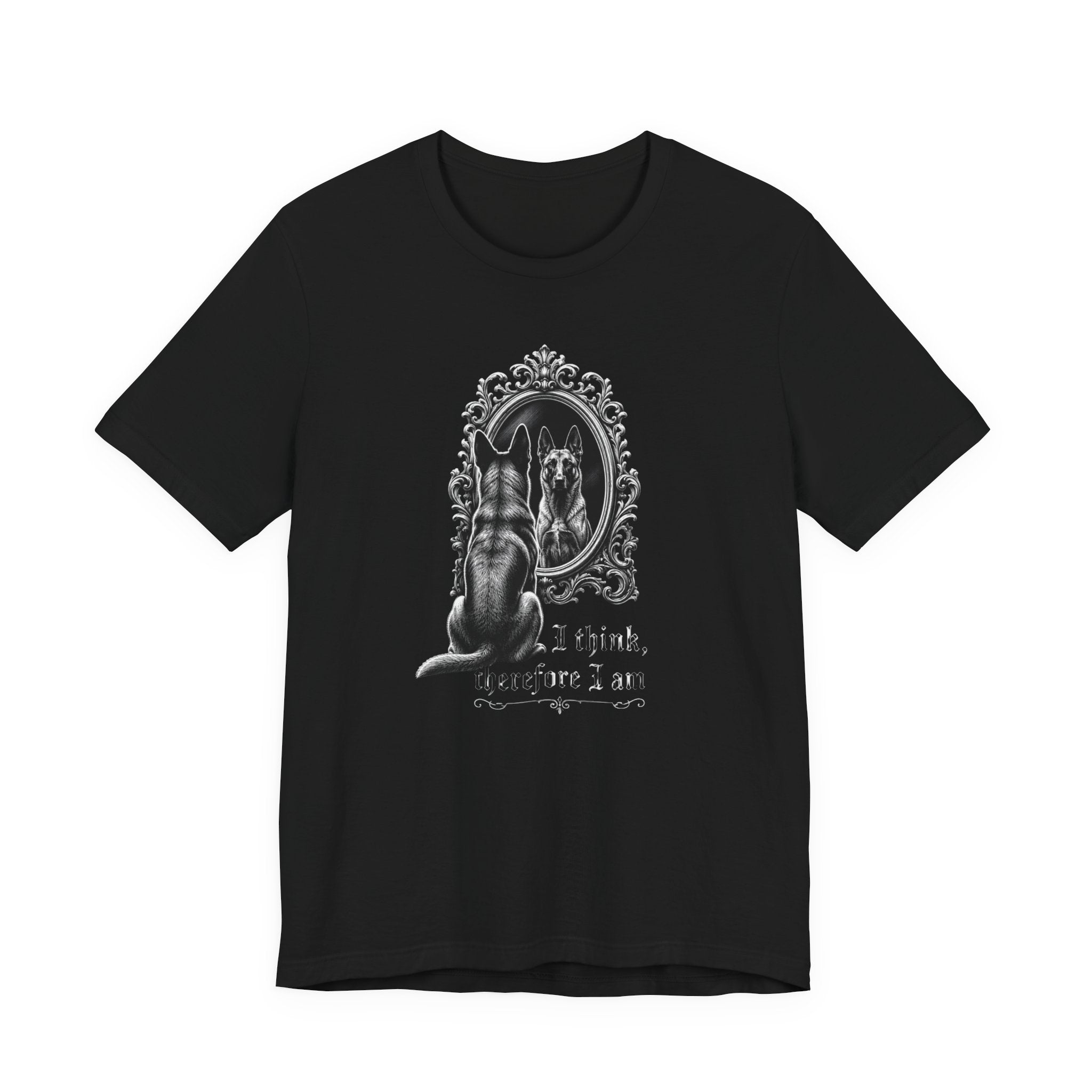 Belgian Malinios Looking in Mirror T-Shirt — Gothic Belgian Malinios Portrait Tee,  I Think,  Therefore I Am
