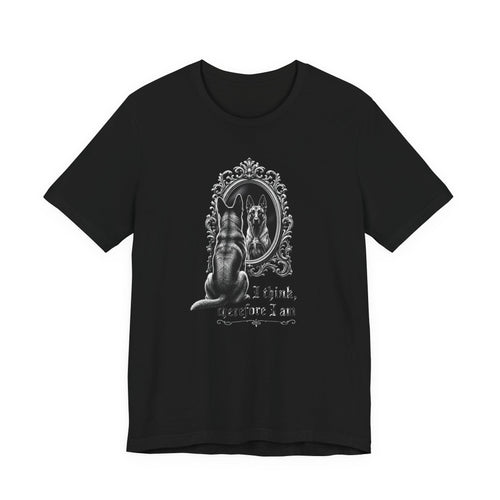 Belgian Malinios Looking in Mirror T-Shirt — Gothic Belgian Malinios Portrait Tee,  I Think,  Therefore I Am