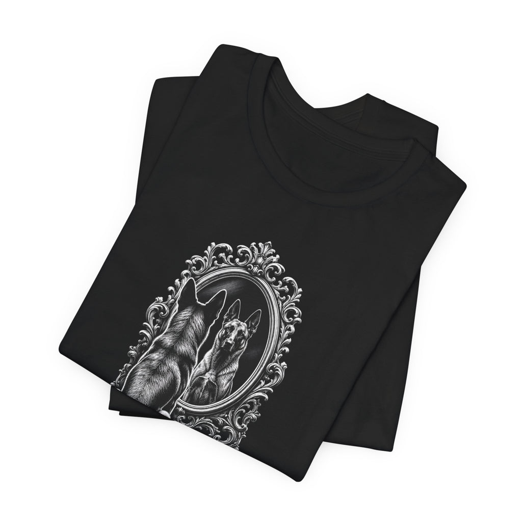 Belgian Malinios Looking in Mirror T-Shirt — Gothic Belgian Malinios Portrait Tee,  I Think,  Therefore I Am