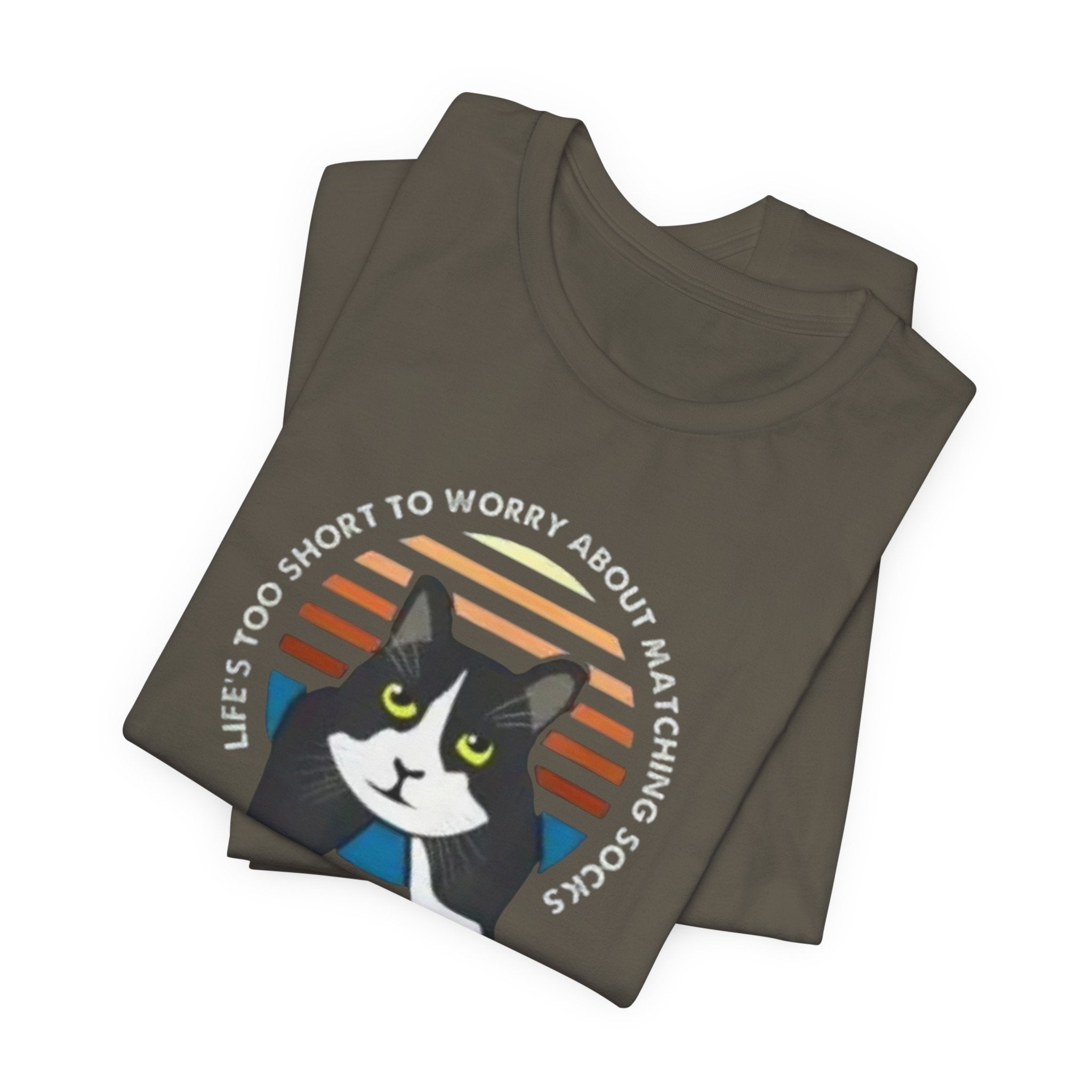 Tuxedo Cat Illustration Tee | Retro Sunset, 'Life's Too Short to Worry About Matching Socks'