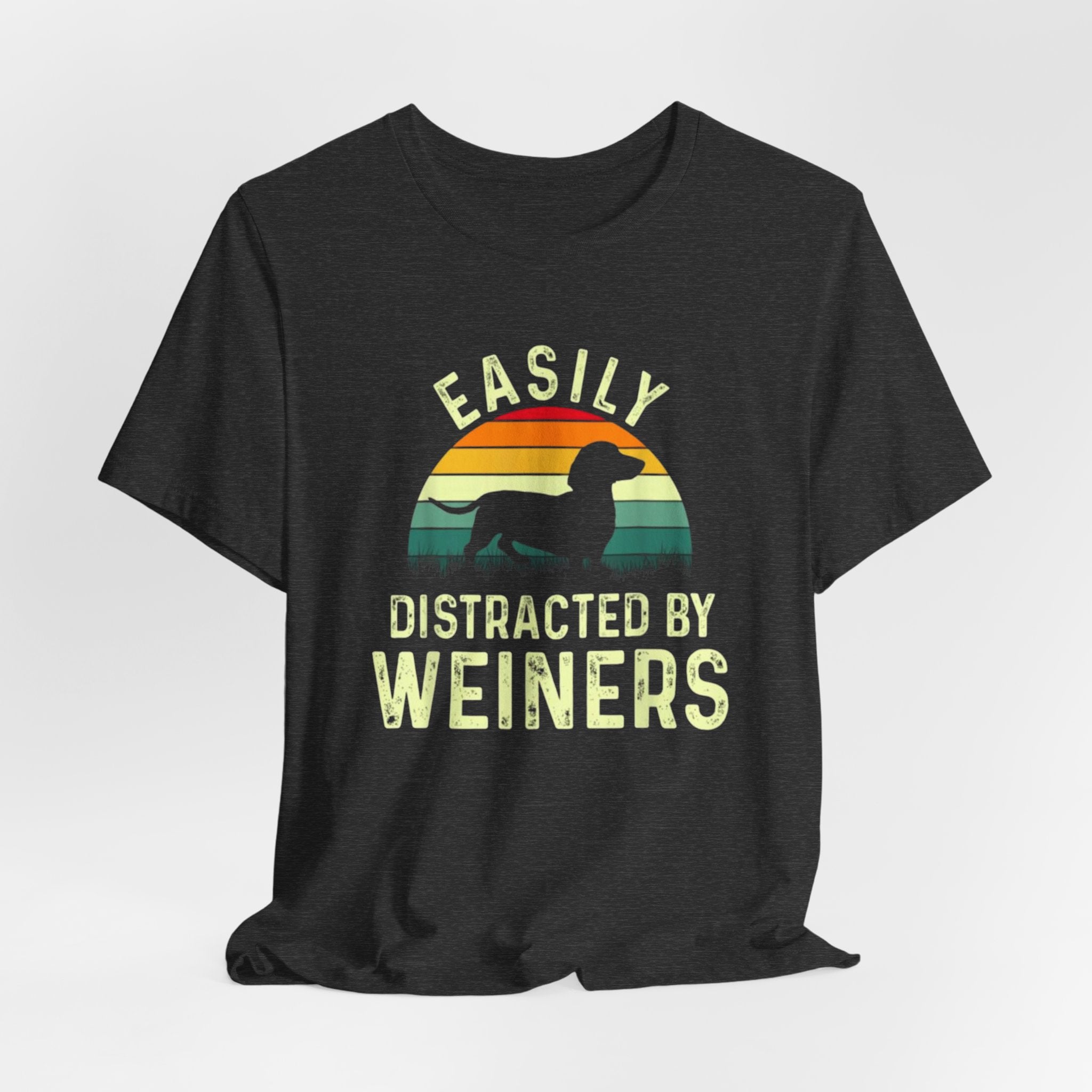 Easily Distracted By Weiners T-Shirt | Dachshund Retro Sunset Tee