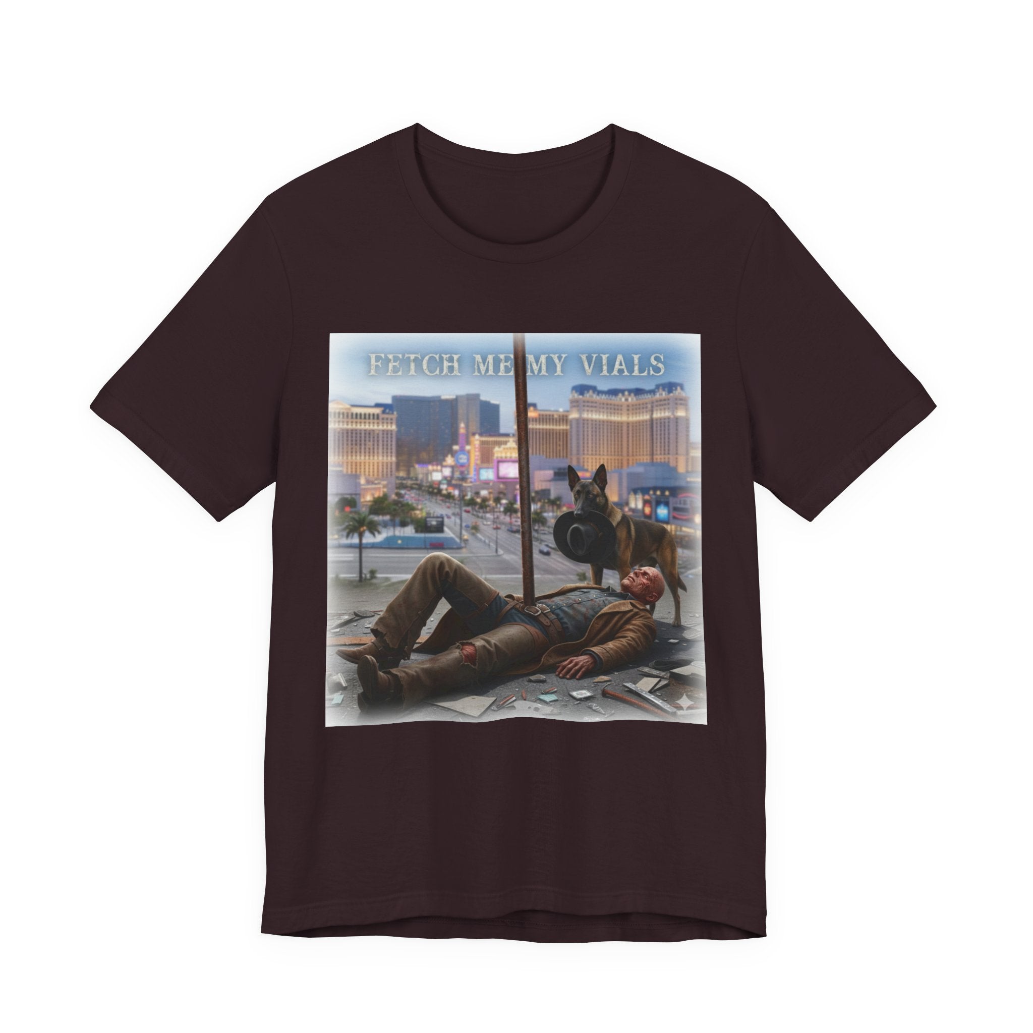 Fetch me my vials, Fallout Tee, Street Scene Graphic Tee — "Fetch Me My Vials" Retro Vegas Art Shirt