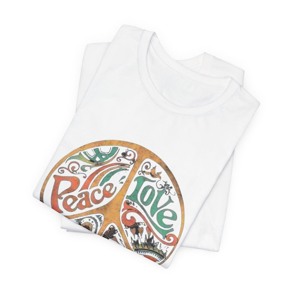 Retro Peace Love Unisex T-Shirt, Boho Graphic Tee, Casual Wear, Festival Shirt, Gift for Friends, Summer Style