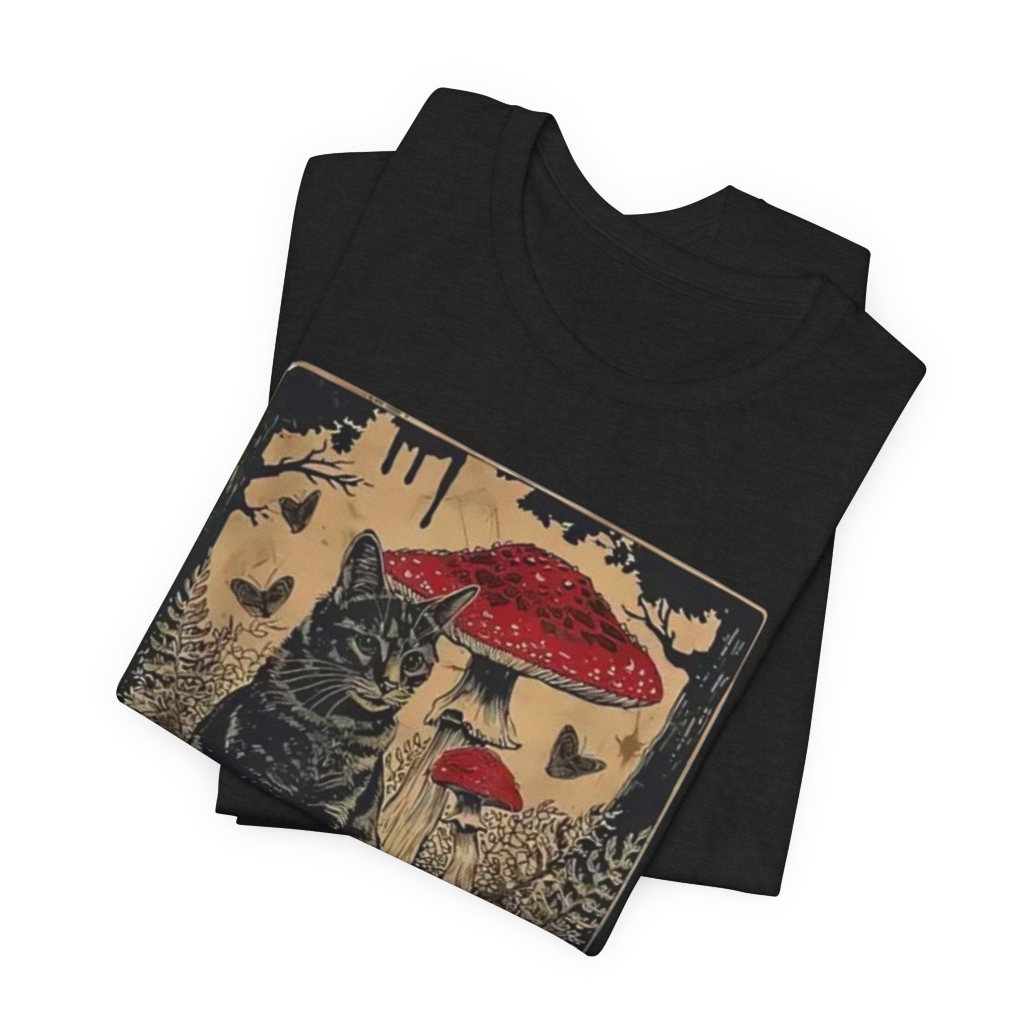Black Cat with Red Mushrooms T-Shirt | Moody Forest Cat Illustration