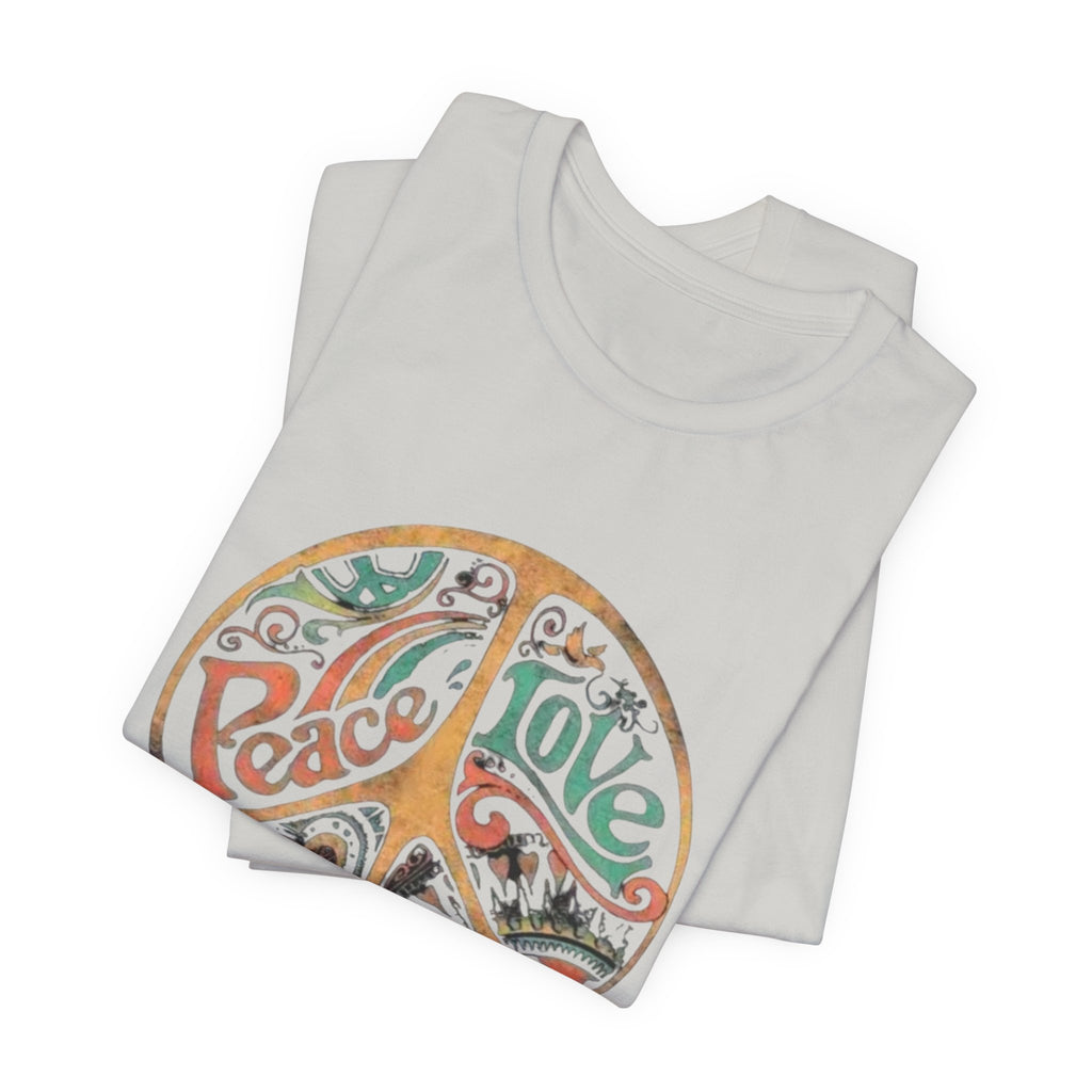 Retro Peace Love Unisex T-Shirt, Boho Graphic Tee, Casual Wear, Festival Shirt, Gift for Friends, Summer Style