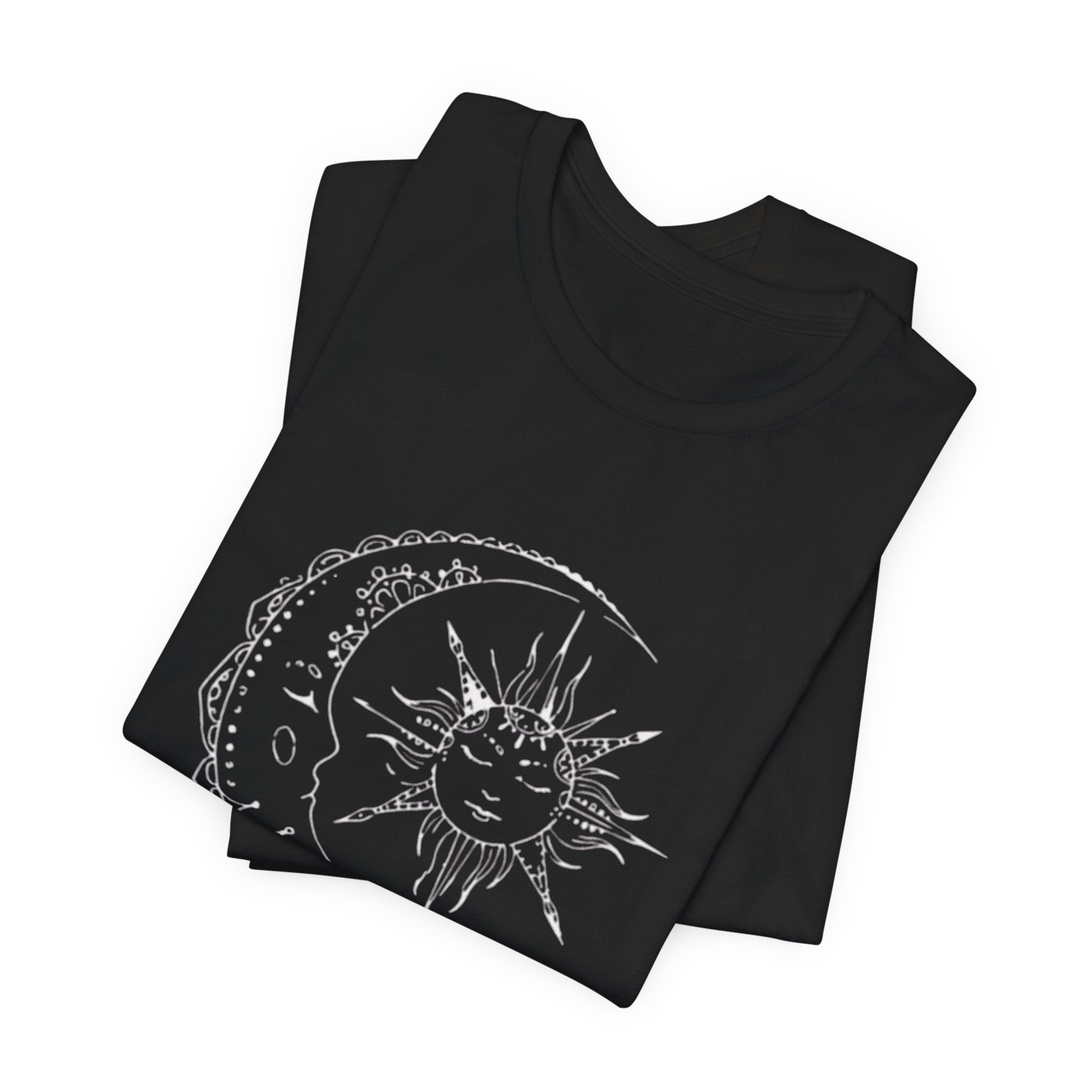 Sun and Crescent Moon Tattoo Style Tee | Celestial Illustration T-Shirt