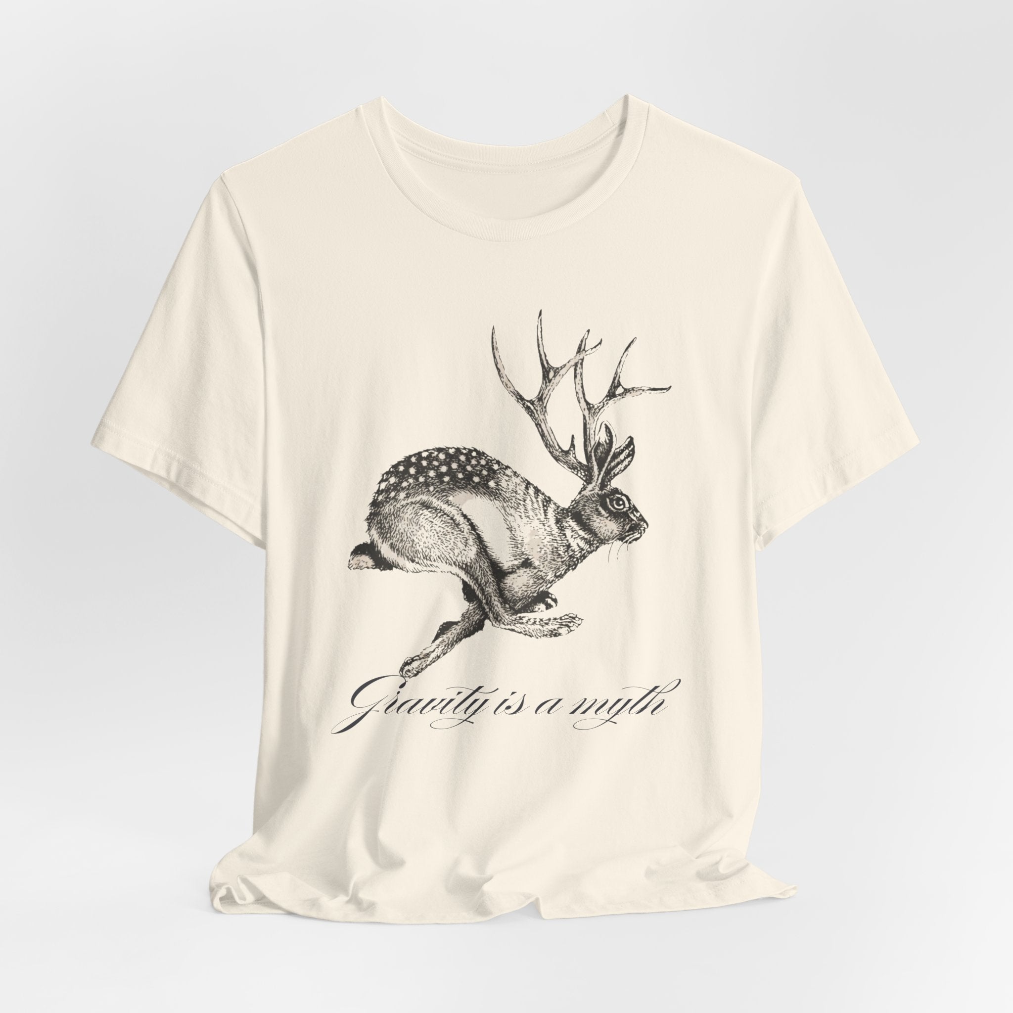 Gravity is a myth tee| hand -Drawn Jackalope Art, Script Motto