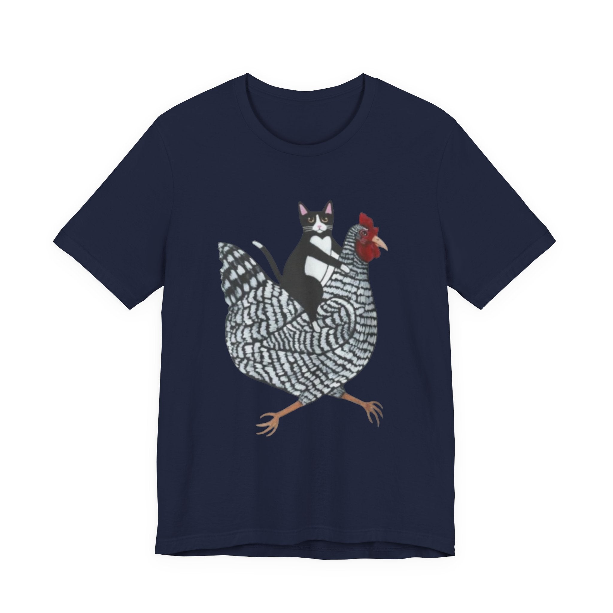 Cat Riding Chicken Graphic Tee — Funny Farm Animal Shirt