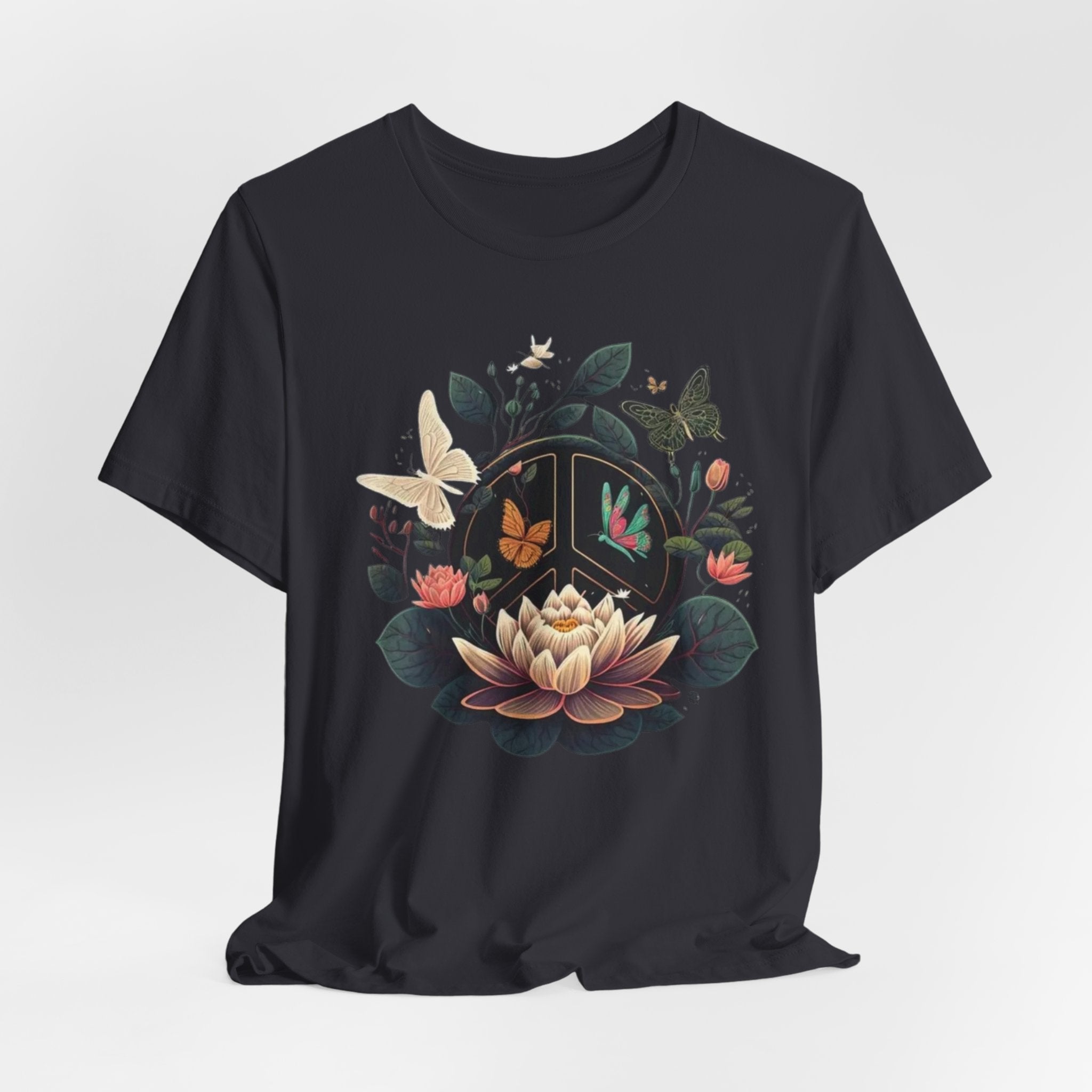 Lotus Bloom and Butterflies Tee | Floral Peace Symbol T-Shirt