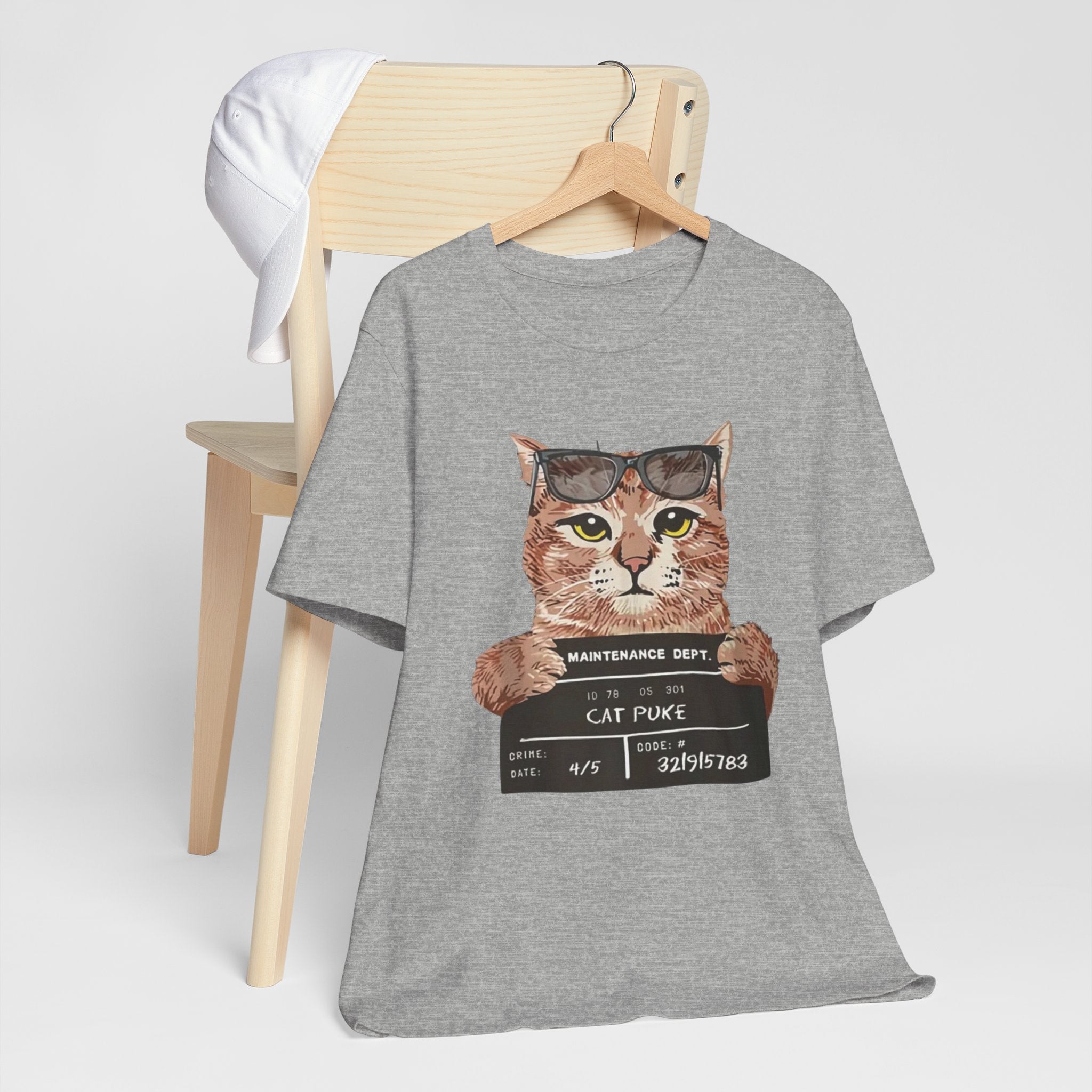 Cat Mugshot Tee — "Cat Puke" Funny Cat Arrest Graphic T-Shirt
