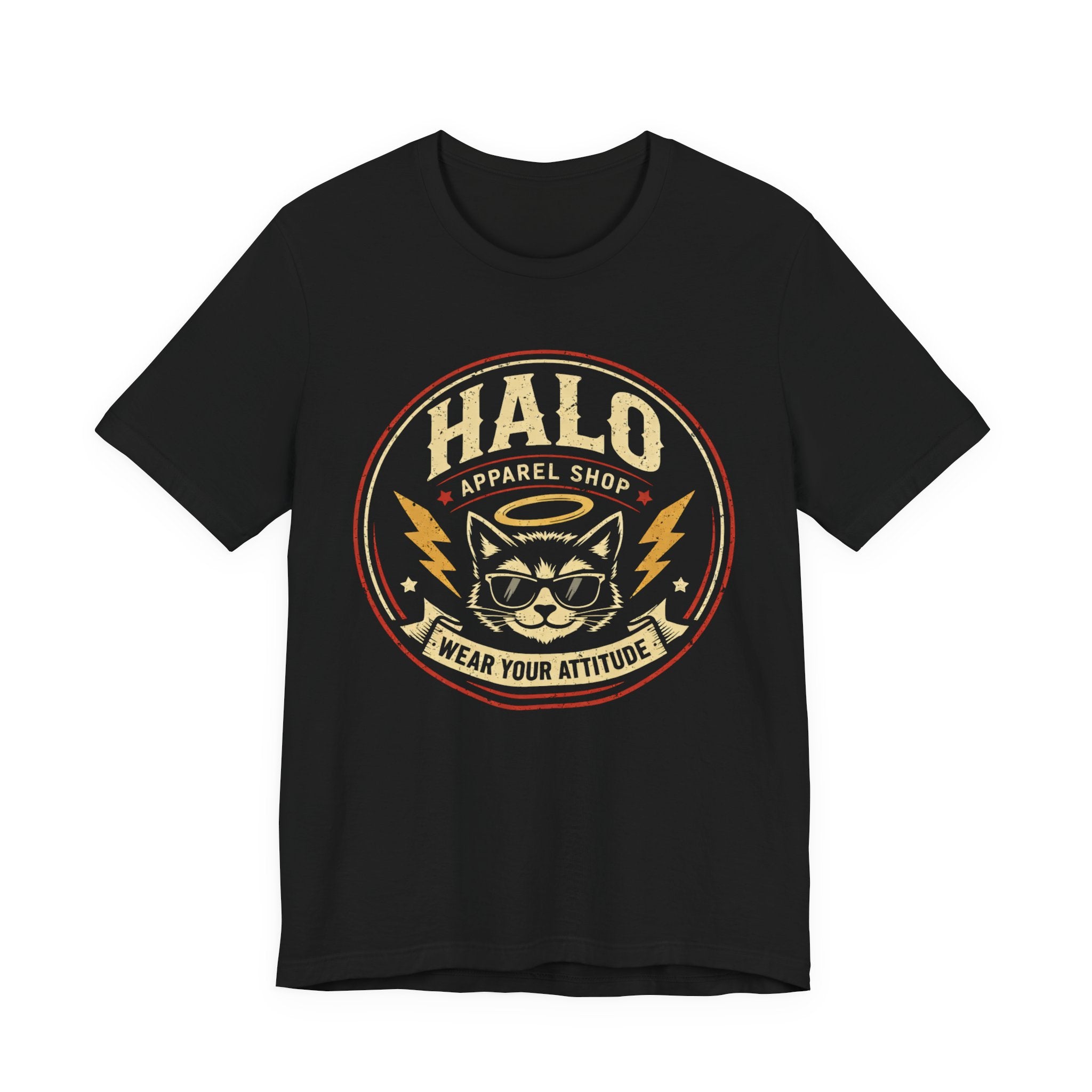 Halo Cat Graphic Tee — "Wear Your Attitude" Vintage Rock T-Shirt