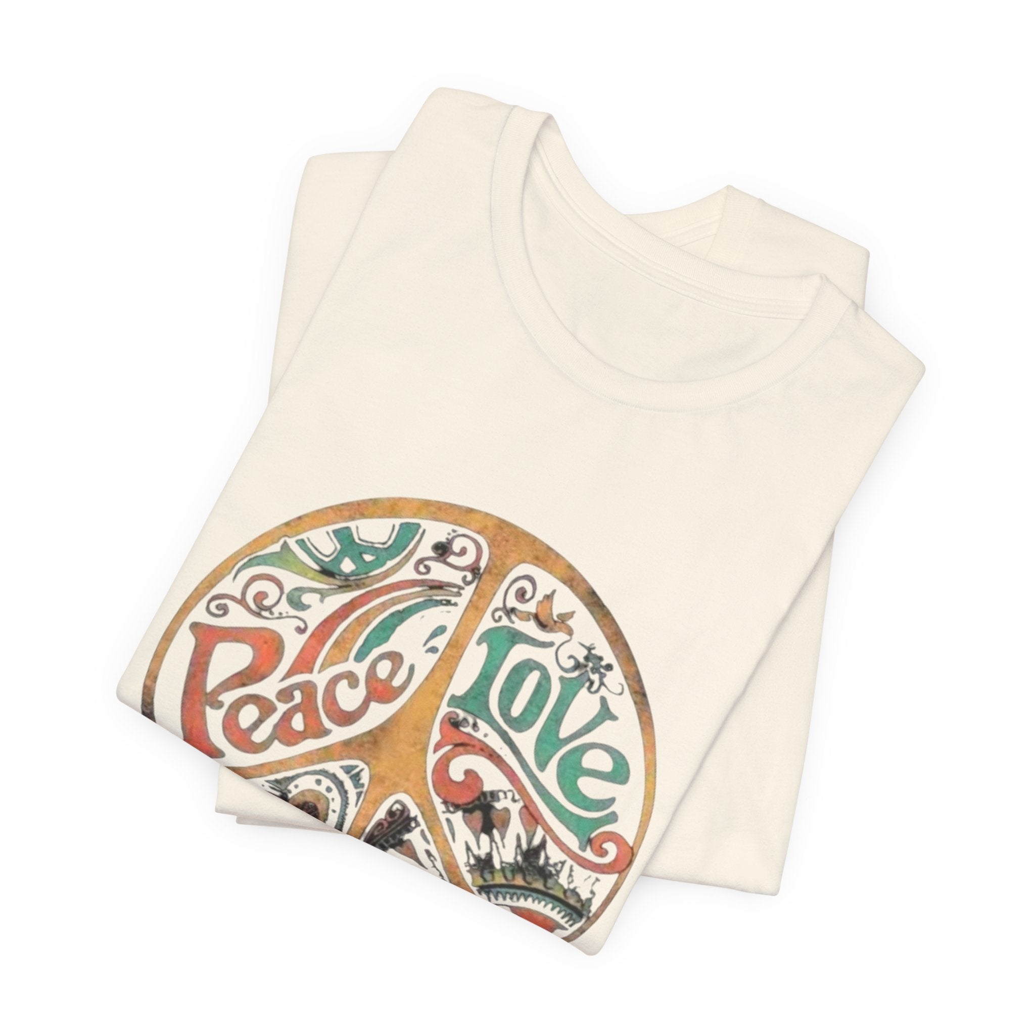 Retro Peace Love Unisex T-Shirt, Boho Graphic Tee, Casual Wear, Festival Shirt, Gift for Friends, Summer Style