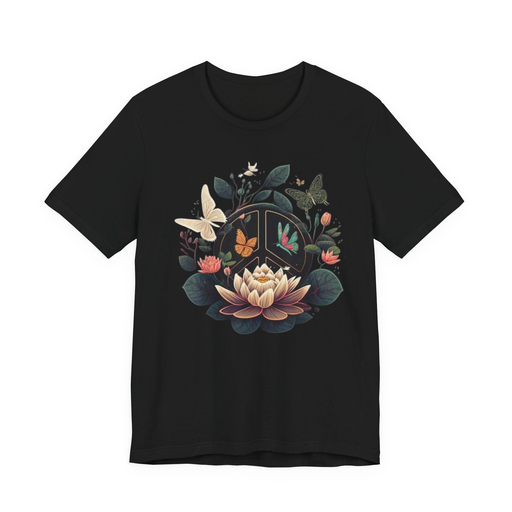Lotus Bloom and Butterflies Tee | Floral Peace Symbol T-Shirt