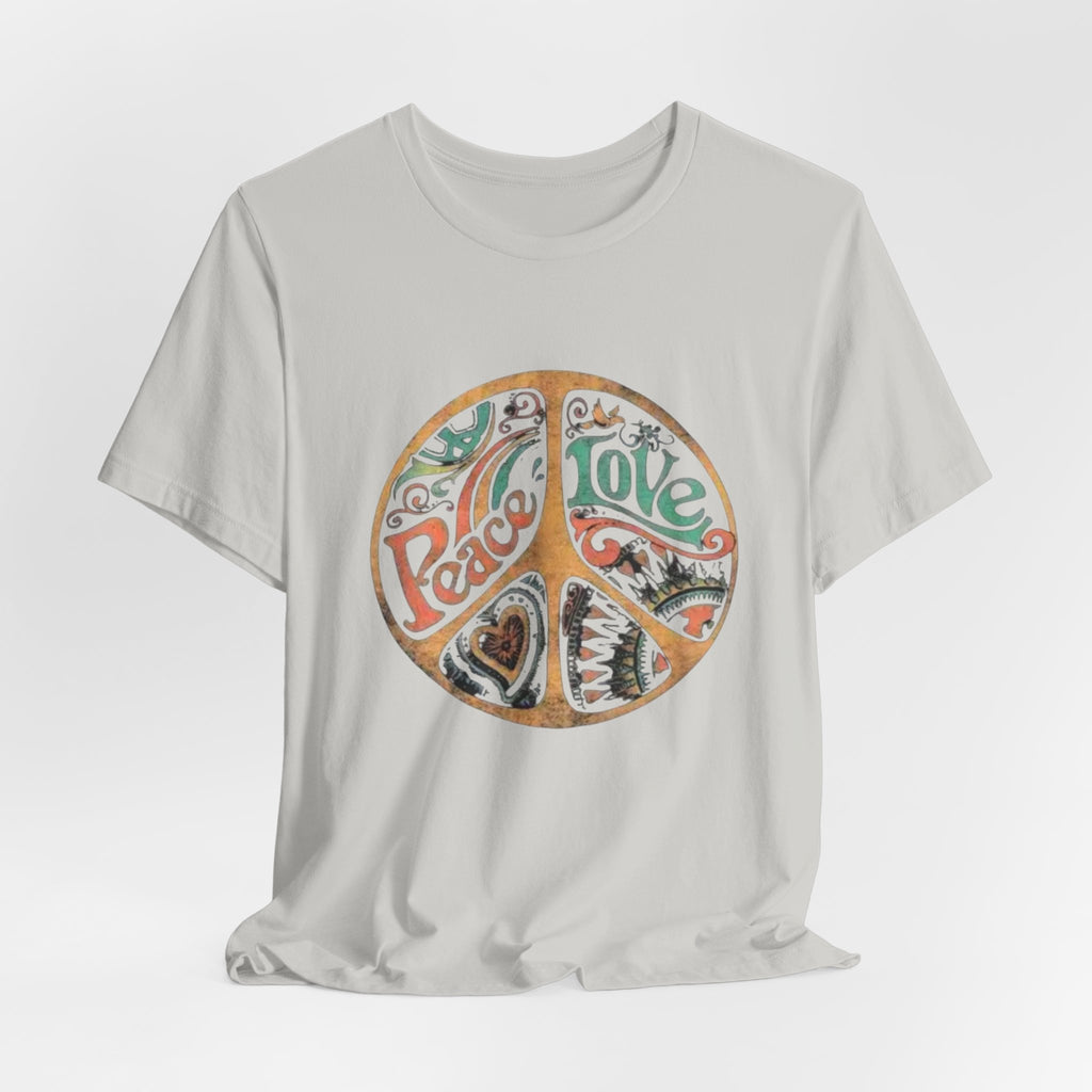 Retro Peace Love Unisex T-Shirt, Boho Graphic Tee, Casual Wear, Festival Shirt, Gift for Friends, Summer Style