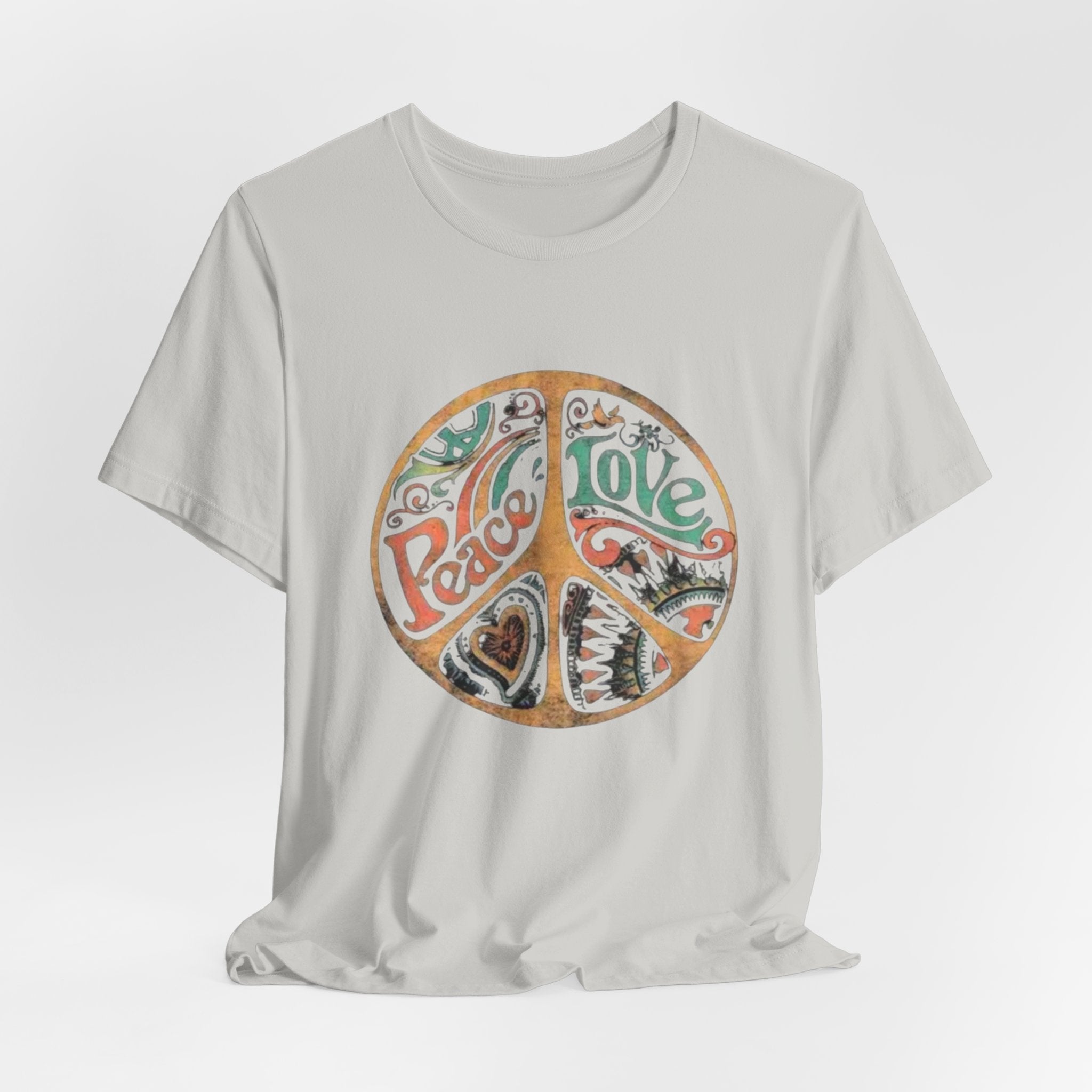 Retro Peace Love Unisex T-Shirt, Boho Graphic Tee, Casual Wear, Festival Shirt, Gift for Friends, Summer Style