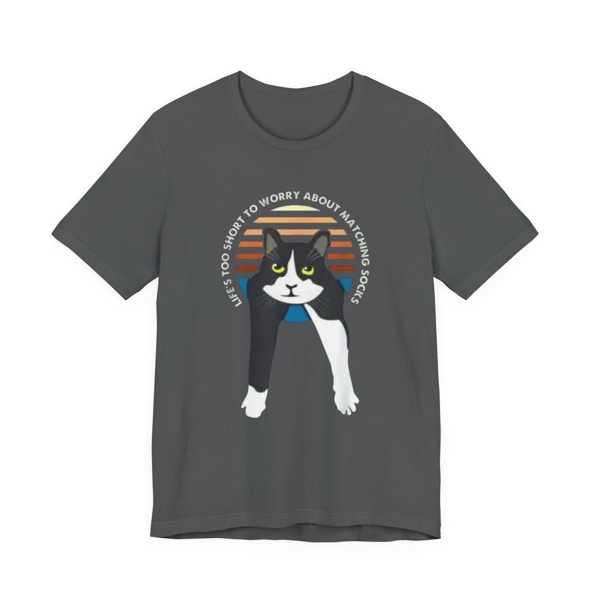 Tuxedo Cat Illustration Tee | Retro Sunset, 'Life's Too Short to Worry About Matching Socks'