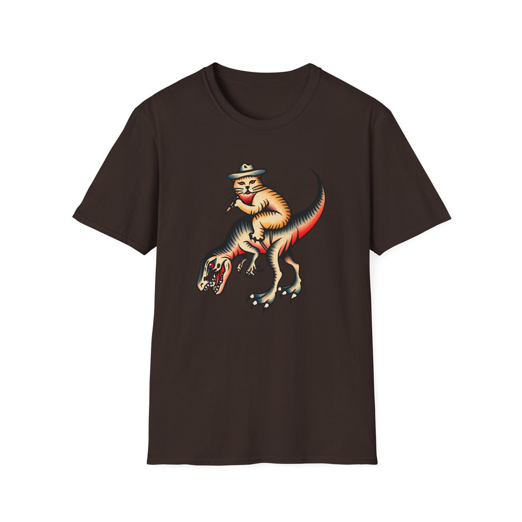 Funny Cat Cowboy T-Shirt — Retro Riding Tyrannosaurus Graphic Tee