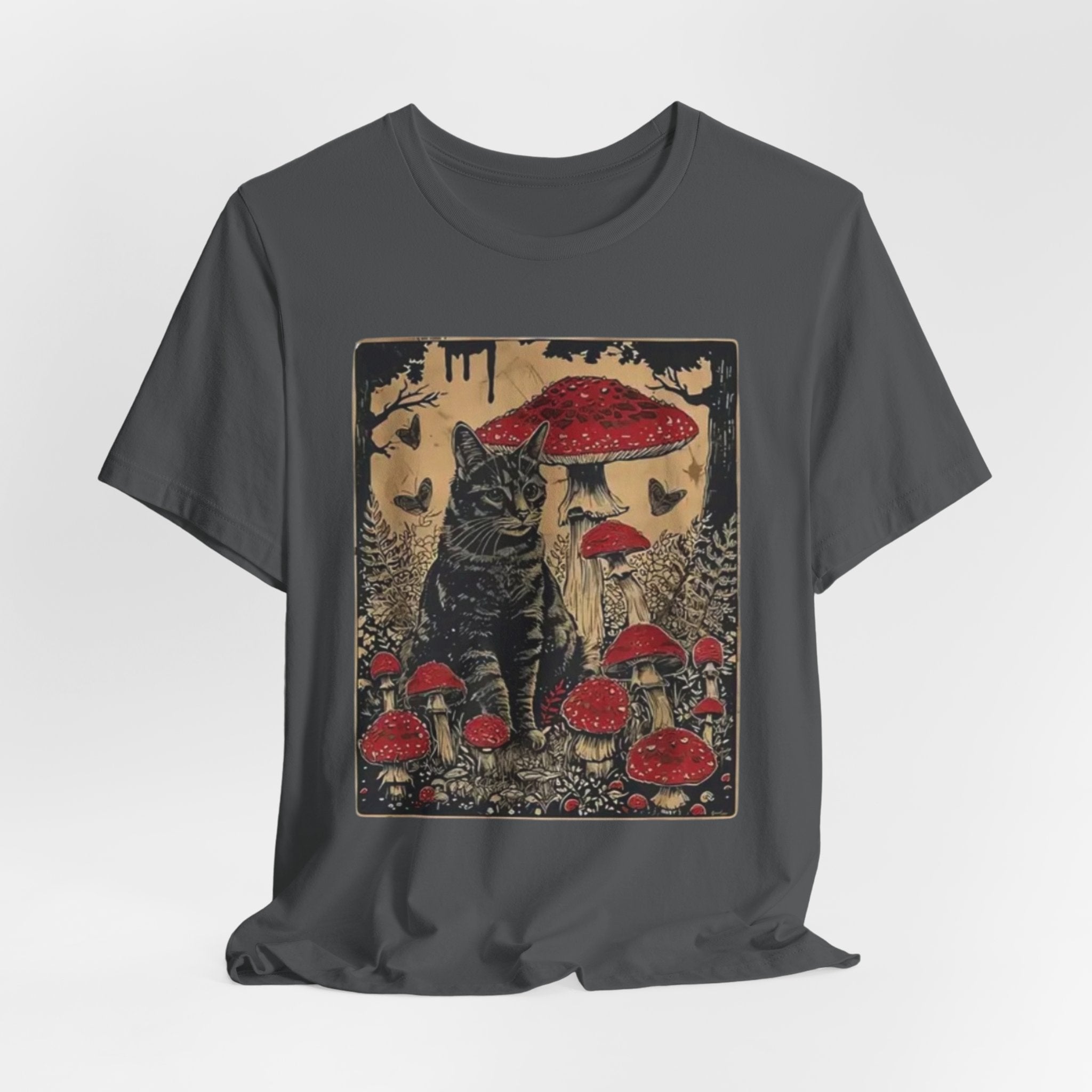Black Cat with Red Mushrooms T-Shirt | Moody Forest Cat Illustration