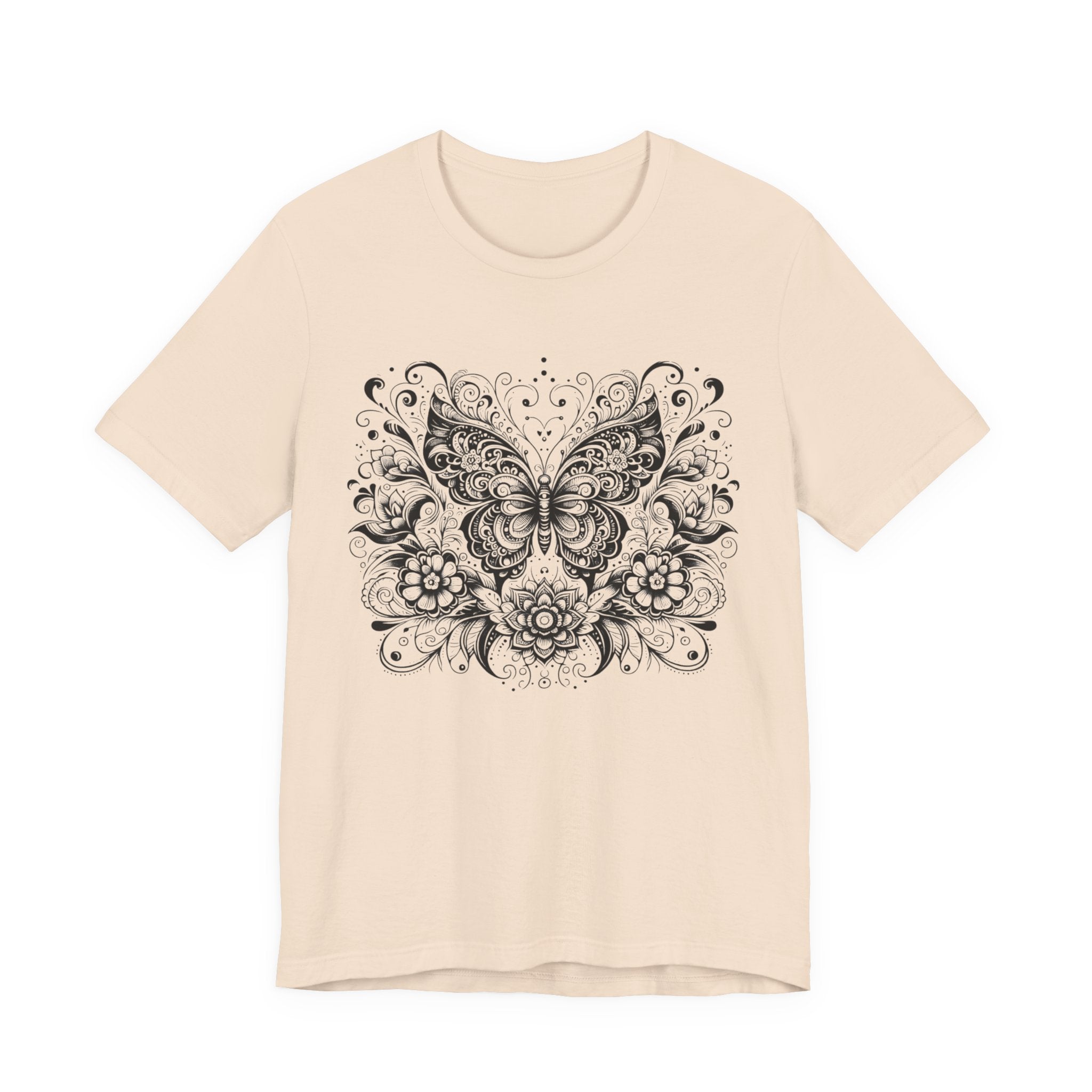 Ornate Butterfly Floral Tee | Detailed Black Line Art Butterfly T-Shirt