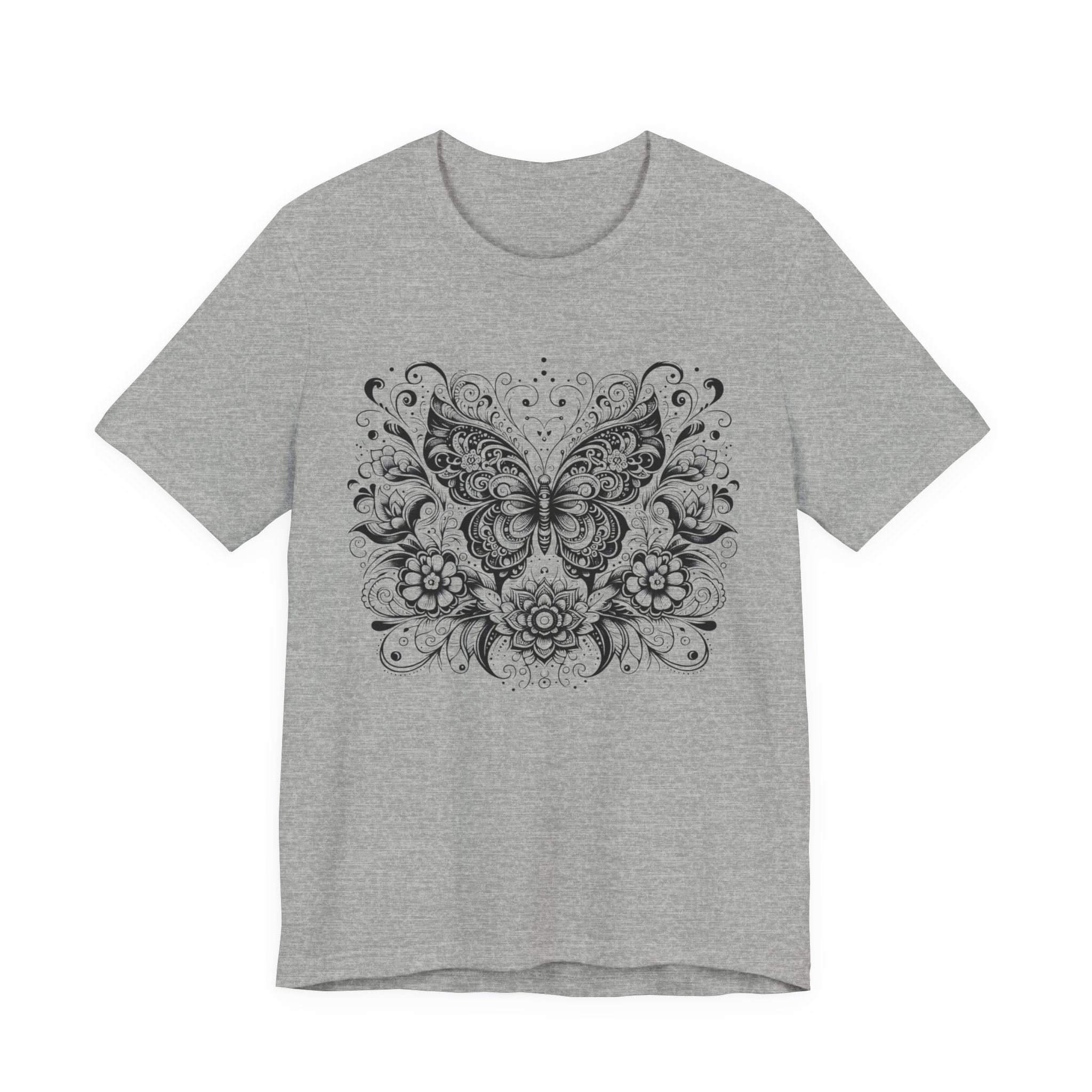 Ornate Butterfly Floral Tee | Detailed Black Line Art Butterfly T-Shirt