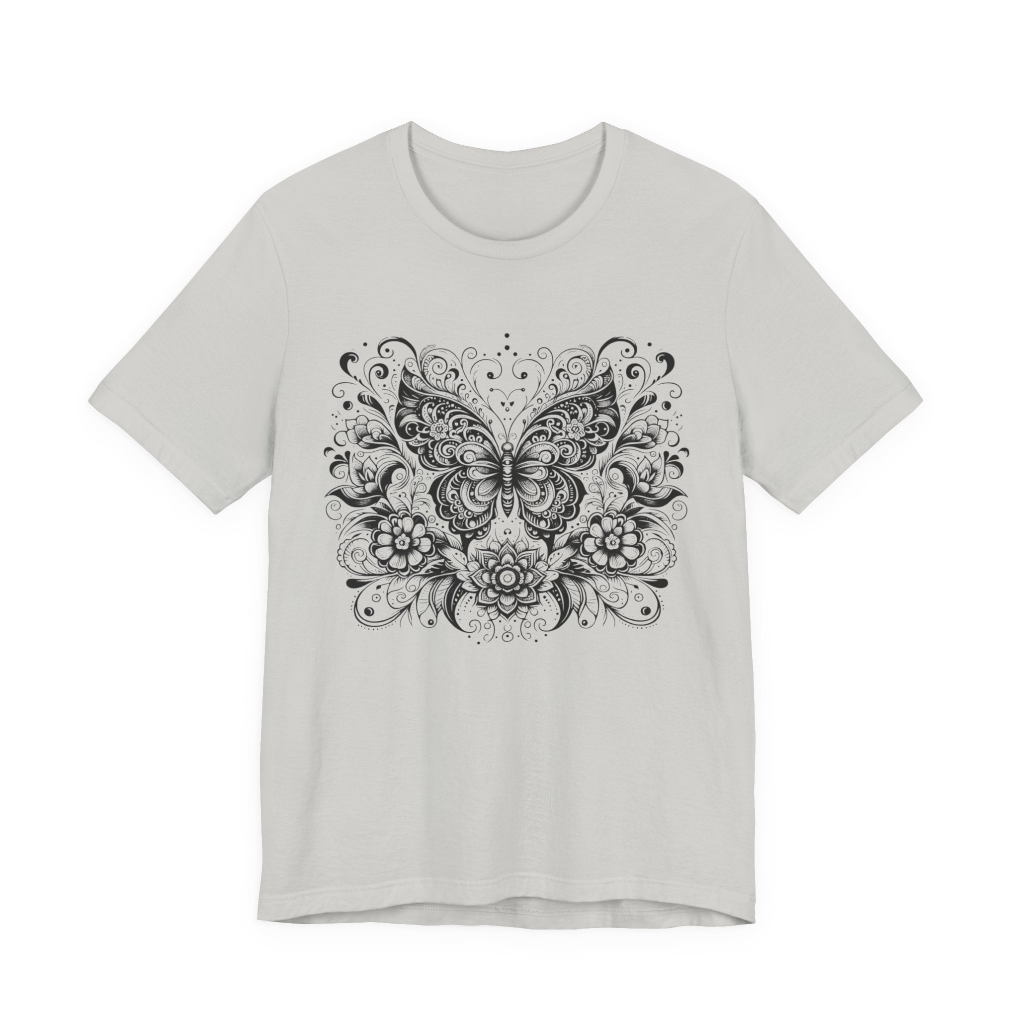 Ornate Butterfly Floral Tee | Detailed Black Line Art Butterfly T-Shirt
