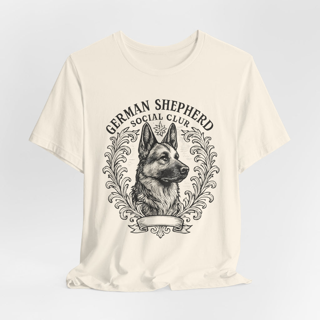 German Shepherd Social Club Tee - Unisex Short Sleeve Shirt for Dog Lovers, Pet Gift, Casual Wear, Canine Enthusiast Apparel